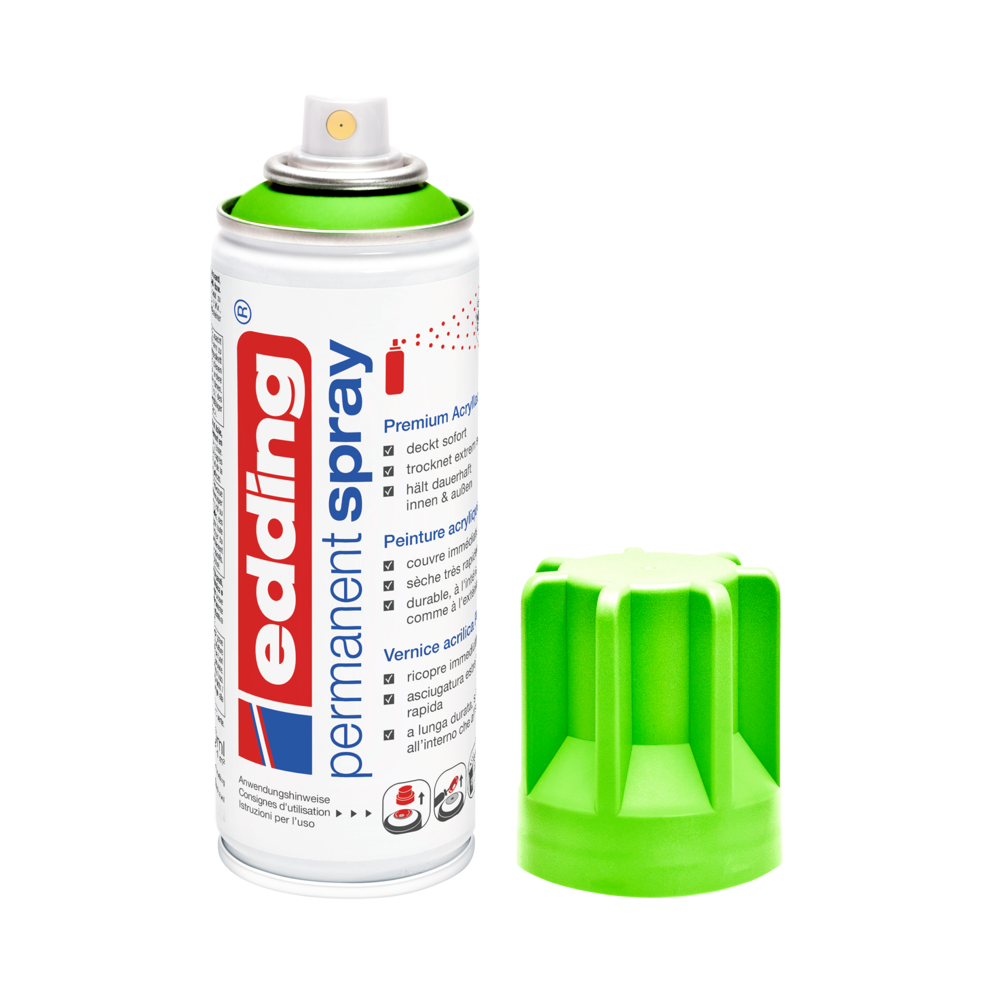 Eine Dose edding 5200 Permanentspray Acryllack Neon & kräftige Farben in Weiß ohne Kappe wird daneben auf einem neutralen Hintergrund platziert.