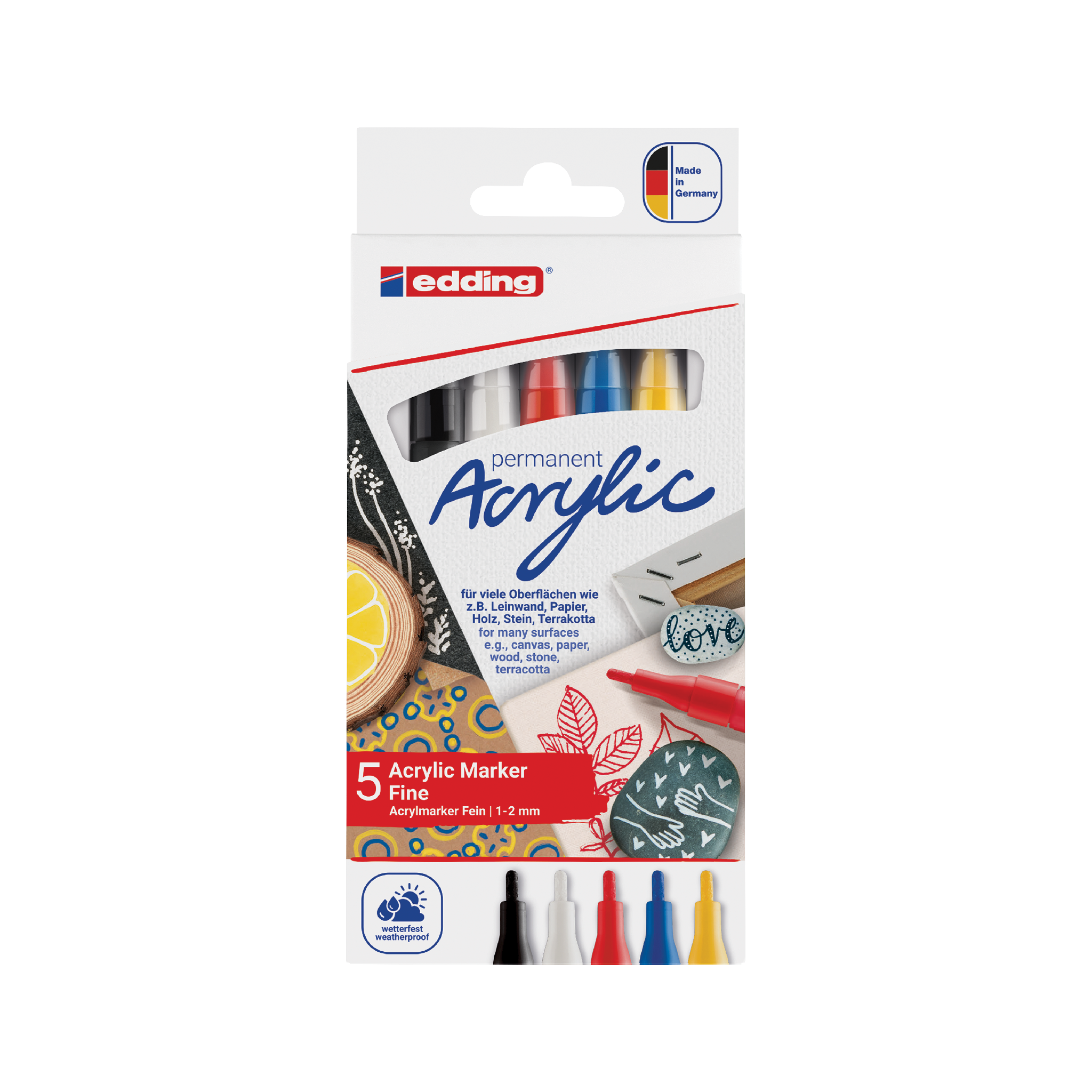 Eine Packung mit 5 edding 5300 Acrylmarkern fein mit feinen Spitzen, die eine Vielzahl von Farben darstellen und für kreative Kunst auf verschiedenen Oberflächen geeignet sind.