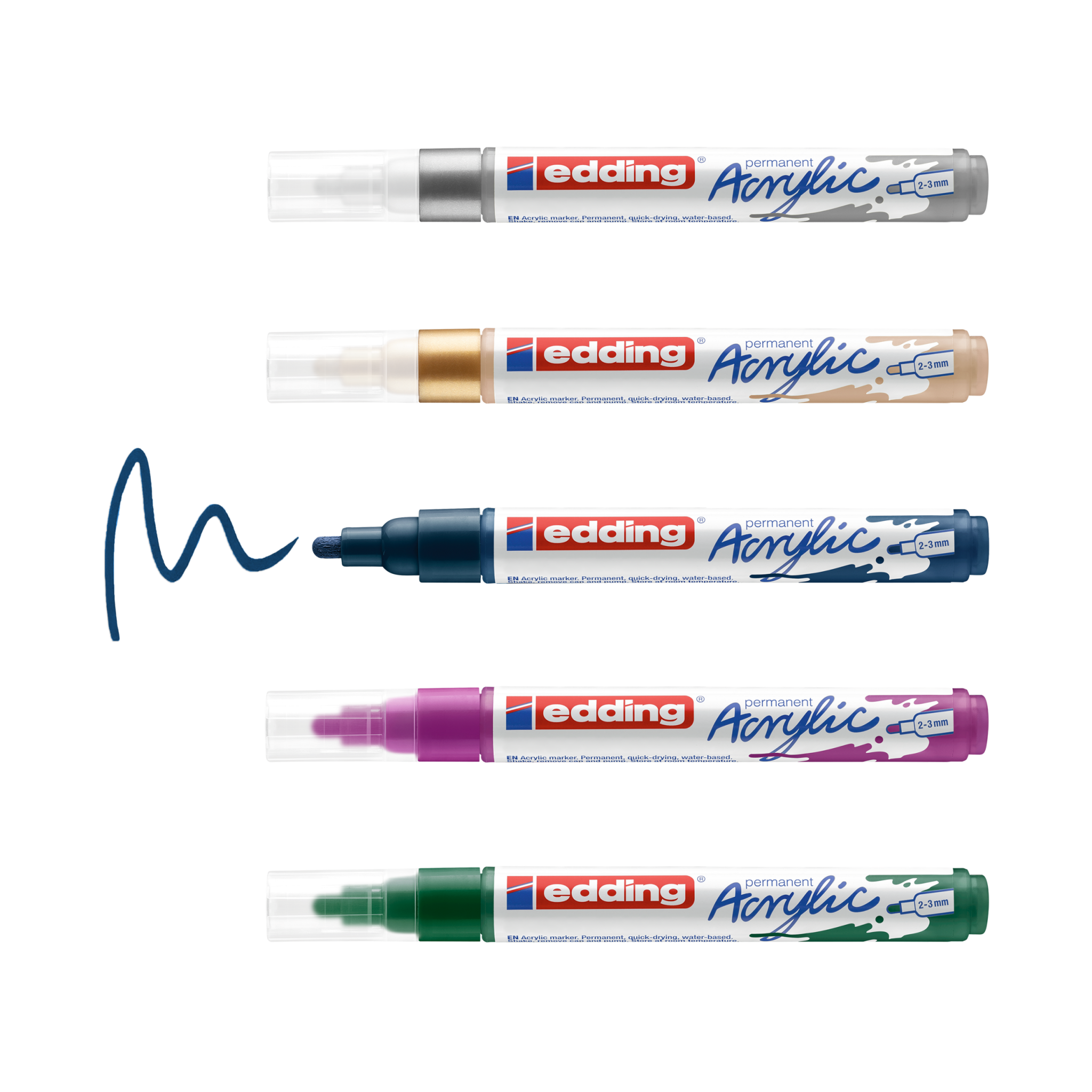 Eine Sammlung von edding 5100 Acrylmarkern der Marke Edding in verschiedenen Farben mit einem Muster von Acrylfarbe-Kritzelei unter einem von ihnen.