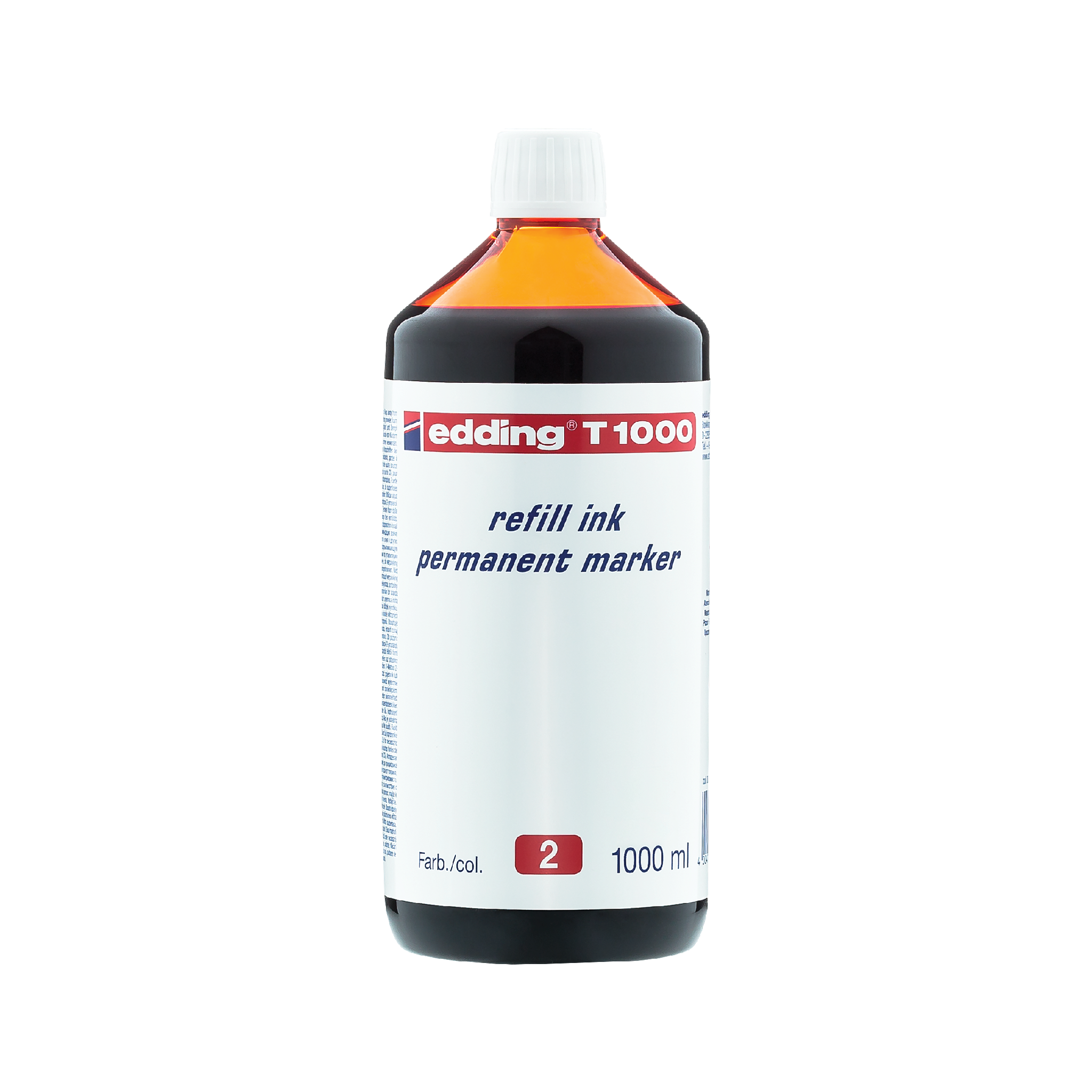 Flasche edding T 1000 Nachfülltinte Permanentmarker Nachfülltinte, 1000 ml, vor weißem Hintergrund.