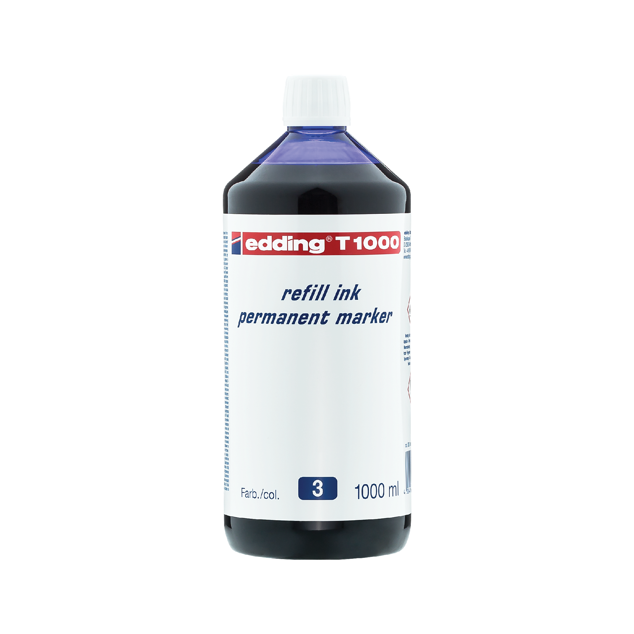 Flasche edding T 1000 Nachfülltinte Permanentmarker Nachfülltinte, 1000 ml, vor weißem Hintergrund.