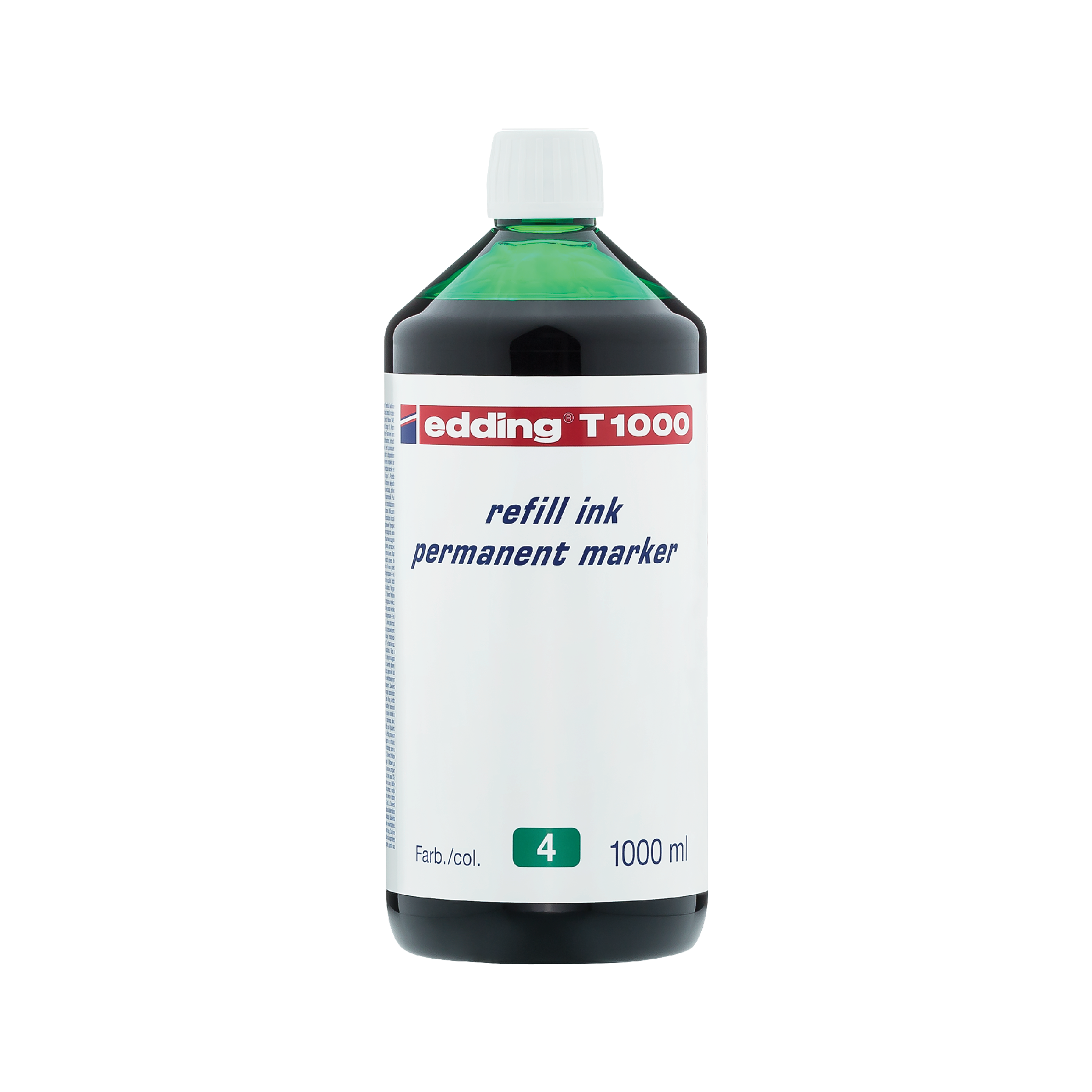 Flasche edding T 1000 Nachfülltinte Permanentmarker Nachfülltinte, 1000 ml, vor weißem Hintergrund.