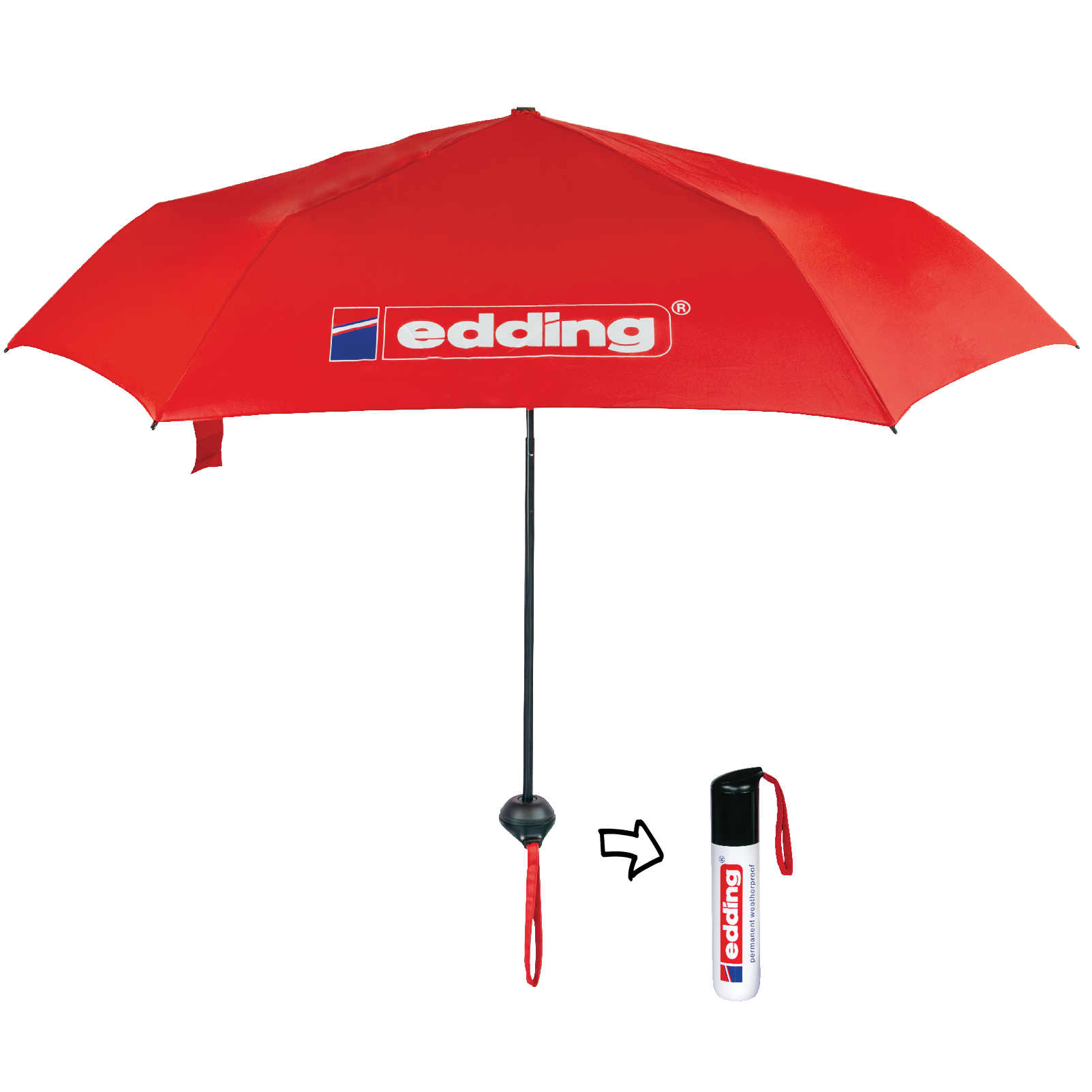 The edding Taschenschirm, featuring a prominent logo on its red canopy, comes with a compact black and red carrying case. Crafted from recycled plastics, this sustainable umbrella is designed for eco-friendly users who value portability and storage.
