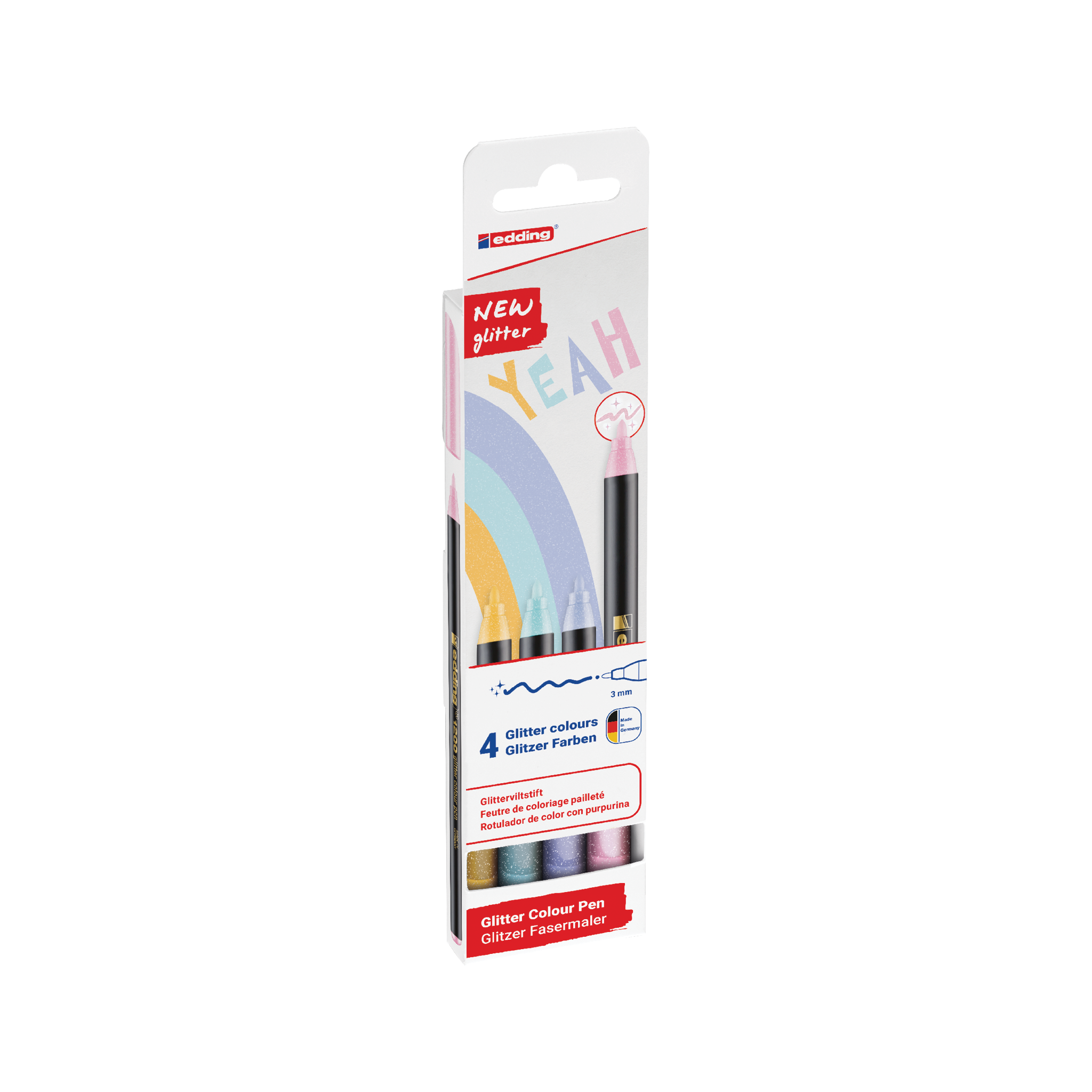 Ein Paket mit einem neuen edding 1200 glitzer Fasermaler 4er-Set mit vier verschiedenen Pastell-Glitzerfarben, ideal für kreative und funkelnde Schreib- oder Zeichenprojekte.