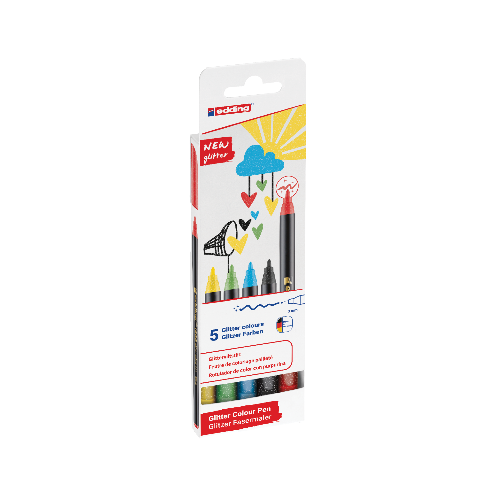 Eine Packung mit fünf edding 1200 glitzer Fasermalern mit verschiedenen Glitzerfarben für kreatives und funkelndes Schreiben oder Zeichnen.