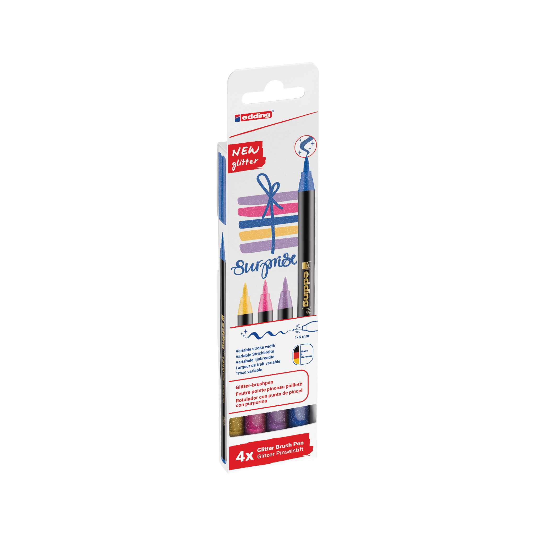 Eine Packung mit vier edding 1340 glitzer Pinselstiften in leuchtenden Farben, mit flexibler Pinselspitze für variable Strichbreite, ideal für Handlettering und kreative Kunstwerke.