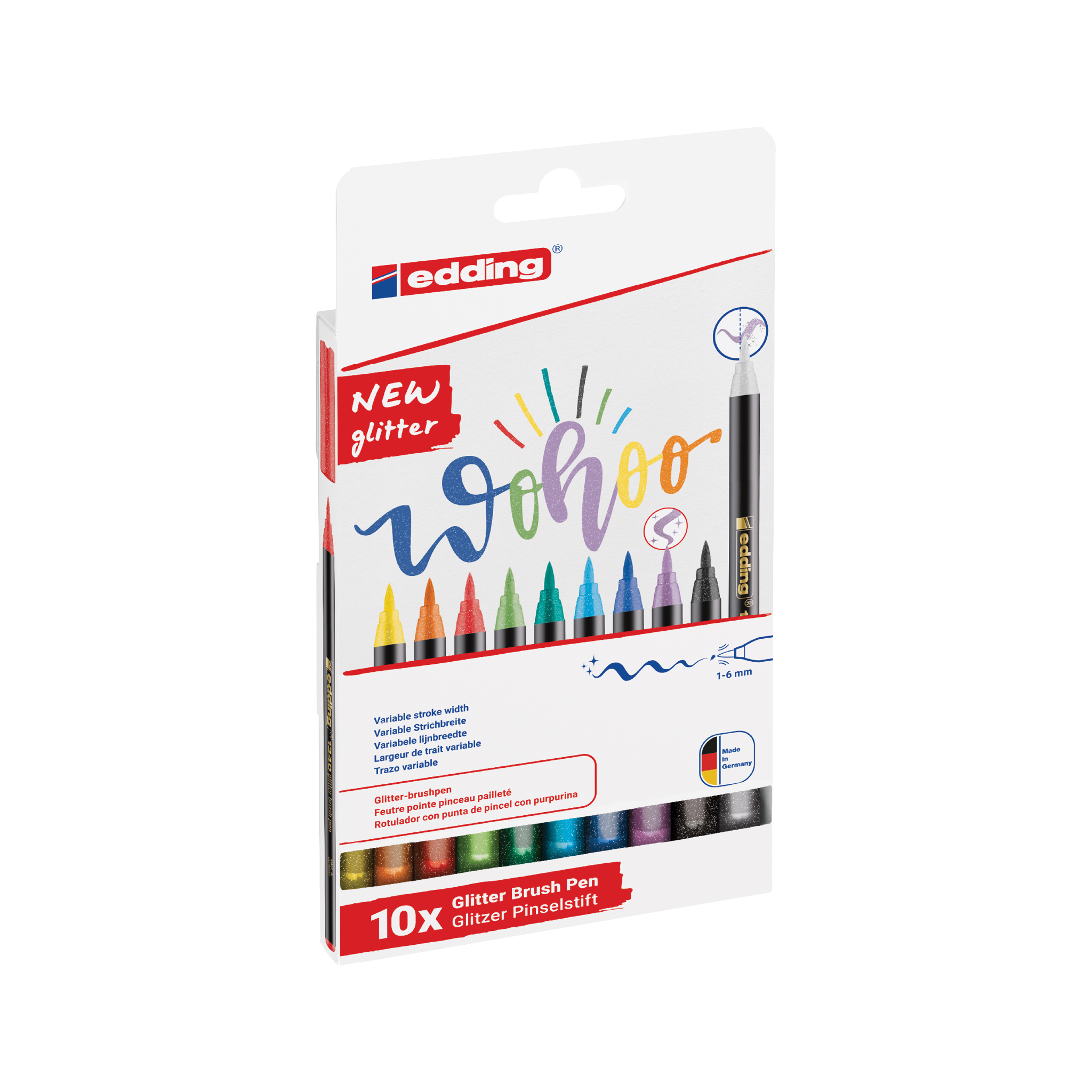 Eine Packung edding 1340 glitzer Pinselstift 10er-Set, ideal für Handlettering, präsentiert eine Vielzahl lebendiger Farben mit kunstvollen Kritzeleien auf der Vorderseite, die den glitzernden Tinteneffekt demonstrieren.