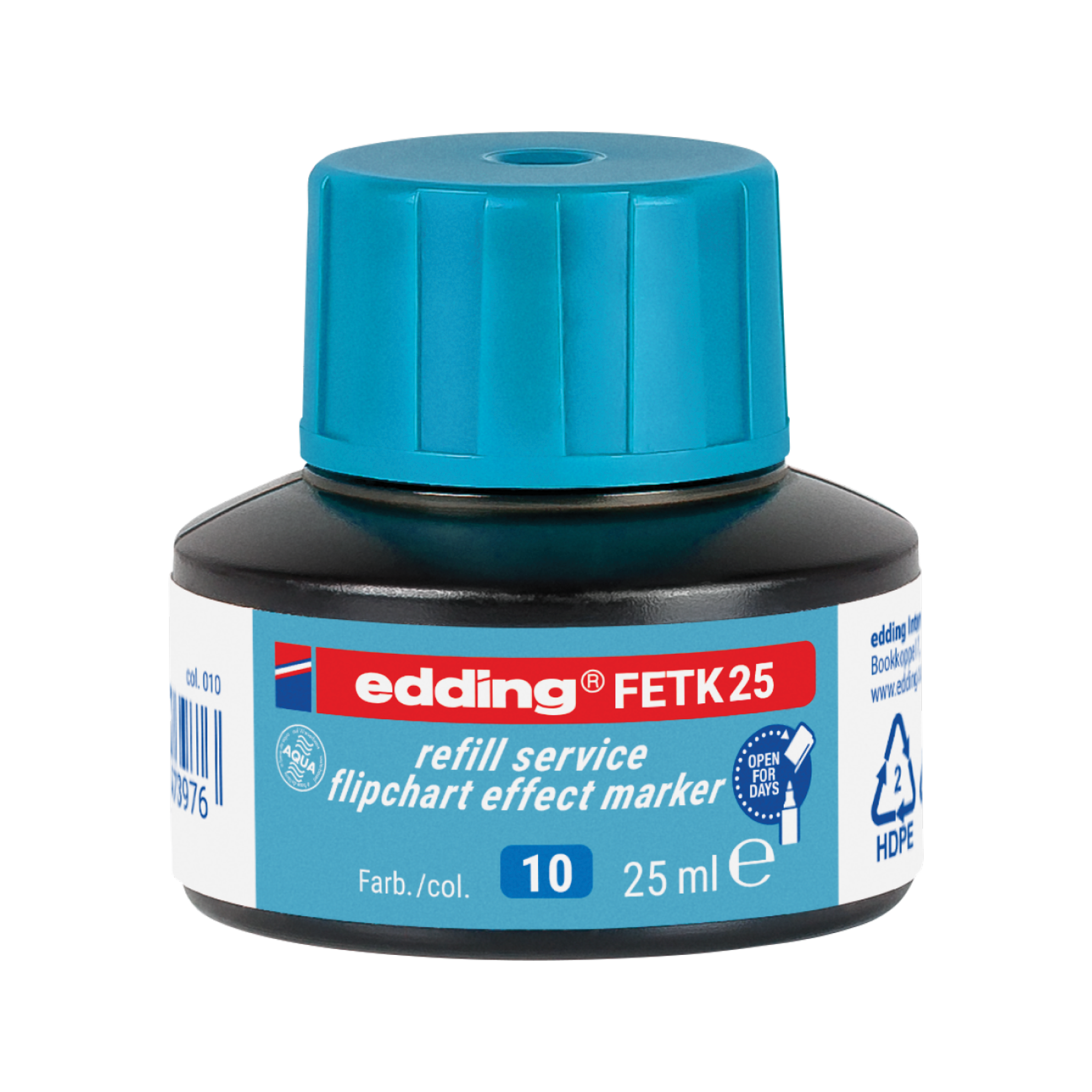 Die edding FETK 25 Nachfülltinte für Flipchart-Effektmarker befindet sich in einer runden schwarzen Tintenflasche mit blauer Kappe und Etikett. Sie fasst 25 ml, enthält Recyclinginformationen und ist mit edding 385 kompatibel, sodass das Nachfüllen ganz einfach ist.