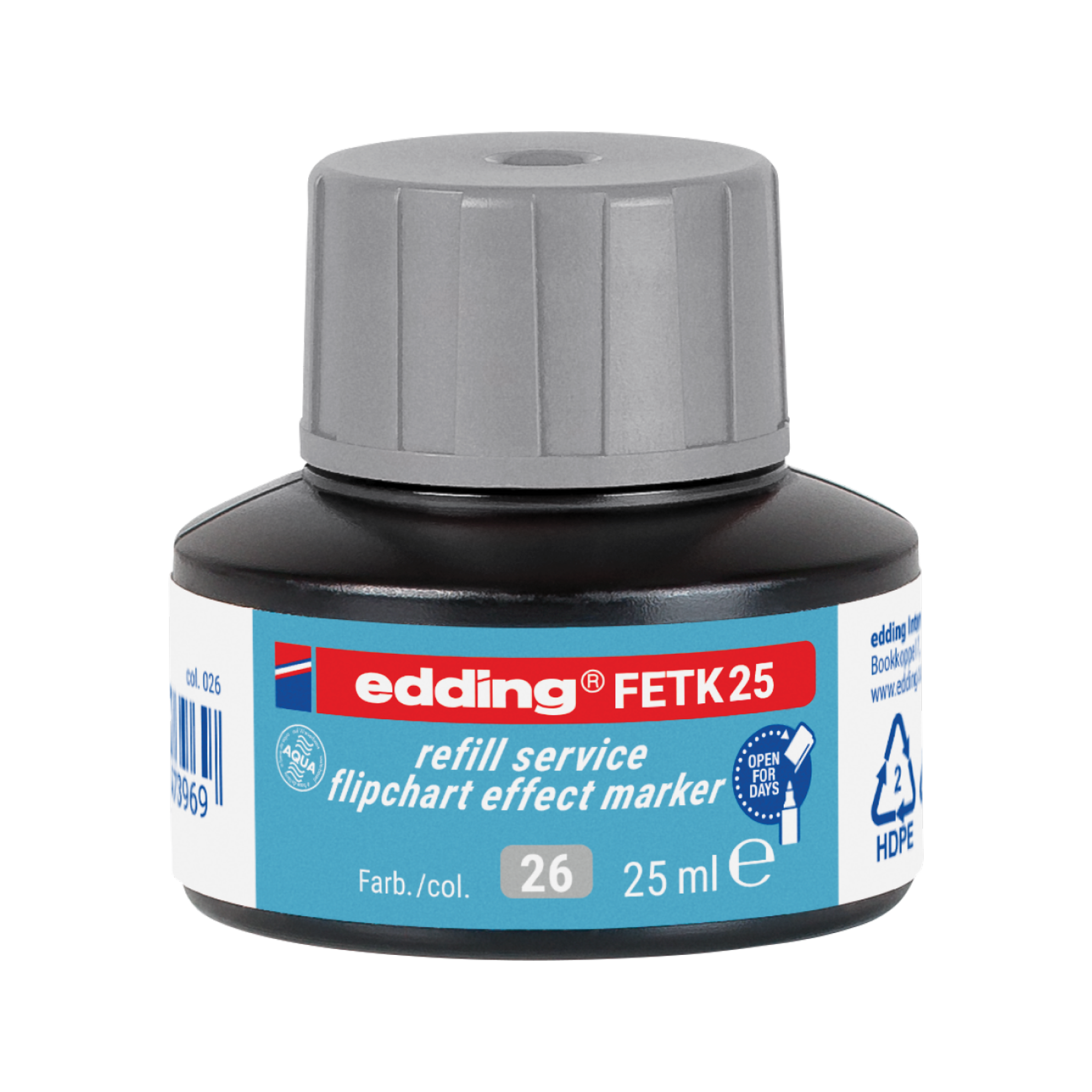 Die edding FETK 25 Tintennachfüllflasche ist ideal zum Nachfüllen von Flipchart-Effektmarkern. Sie verfügt über einen grauen Schraubverschluss und ein blaues Etikett mit 25 ml Volumen sowie Recycling- und Produktinformationen direkt auf der Verpackung.
