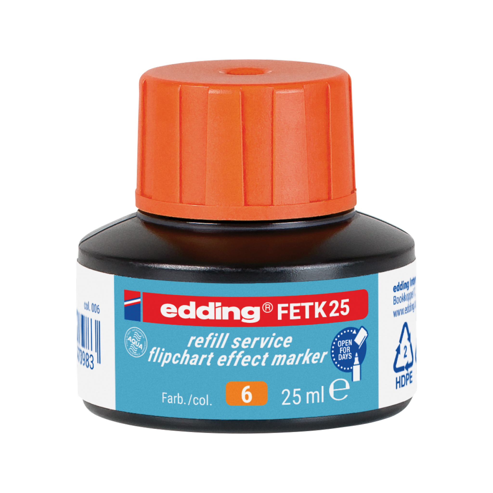 Die edding FETK 25 Nachfülltinte ist eine 25 ml schwarze Nachfülltinte für edding Flipchart Effektmarker, ausgestattet mit einem blauen Etikett mit Text und Recyclingsymbol. Sie hat eine orange Schraubkappe und ist ideal zum Nachfüllen, mit Farbcode „6“, passend für Edding 385.