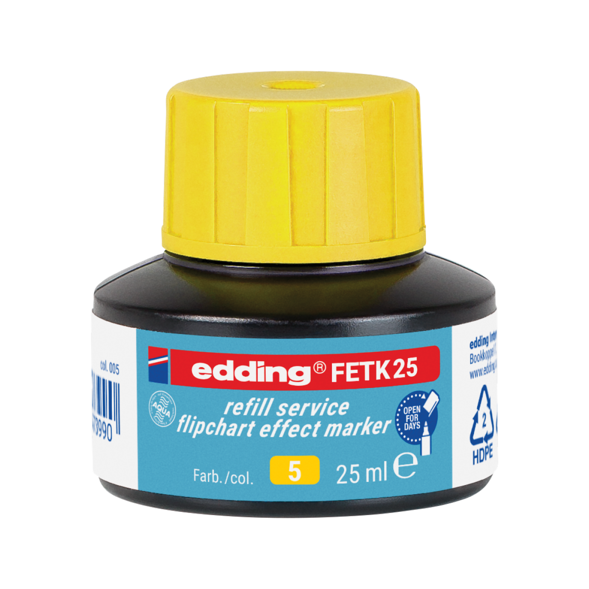 Eine 25-ml-Flasche edding FETK 25 Nachfülltinte Flipchart-Effektmarker, ideal zum bequemen Nachfüllen, mit gelber Kappe und blauem Etikett mit Recyclingsymbolen und Barcodes.