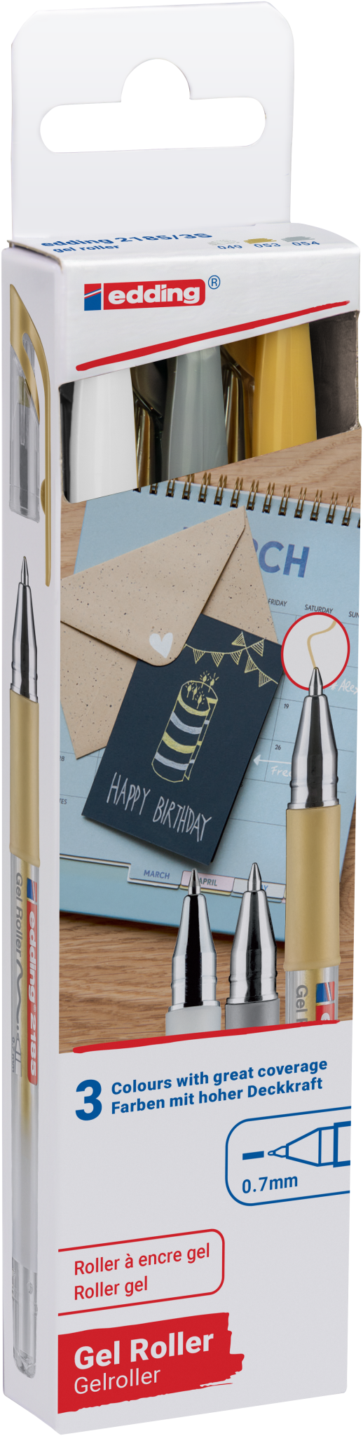 Das edding 2185 Gelroller 3er-Set von edding enthält drei Metallic-Gelschreiber mit extra feiner 0,7 mm Spitze. Die Verpackung zeigt Schreibproben, eine Stift-Nahaufnahme und eine "Happy Birthday"-Karte.