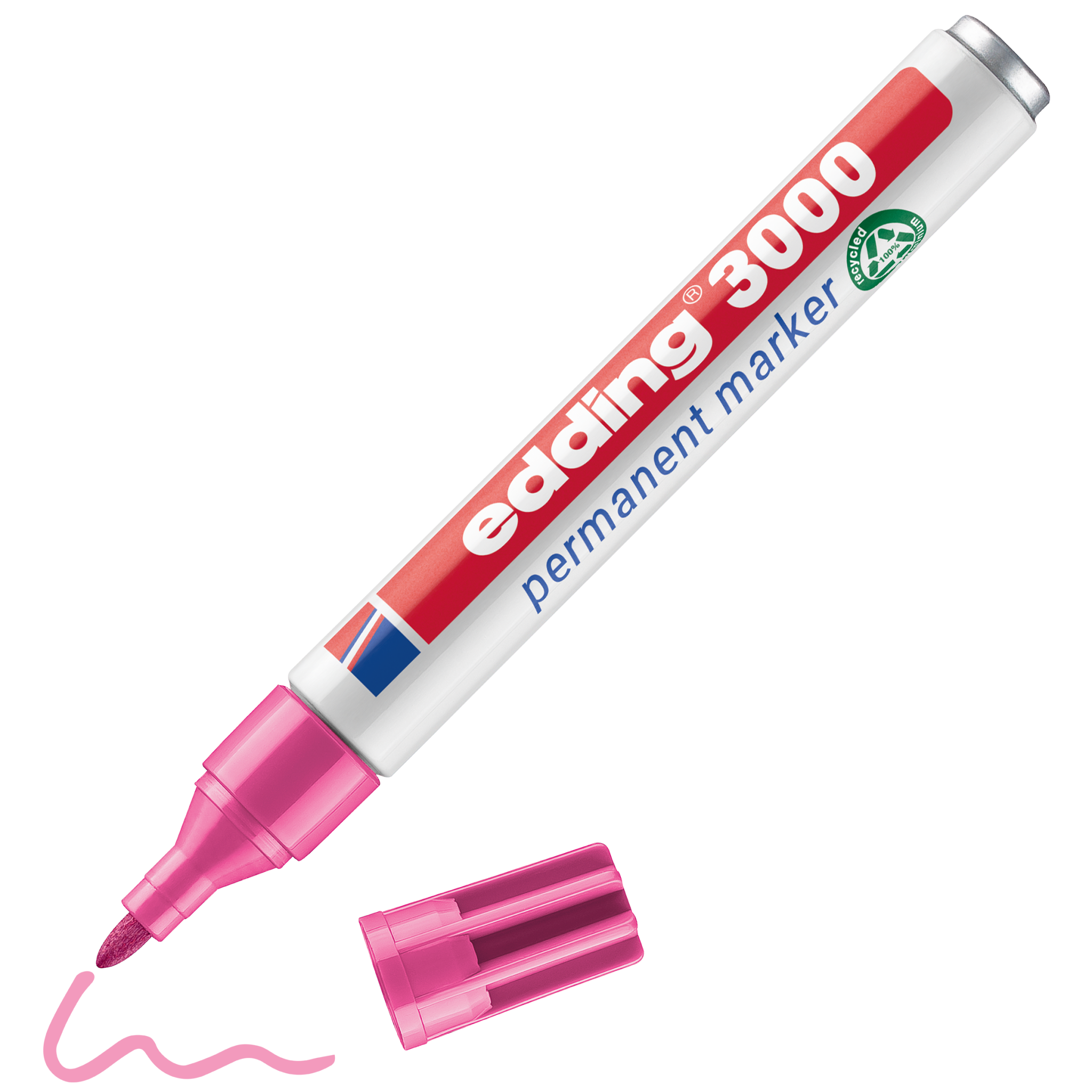 edding 3000 Permanentmarker in rosa mit offener Kappe und einem gemaltem Strich
