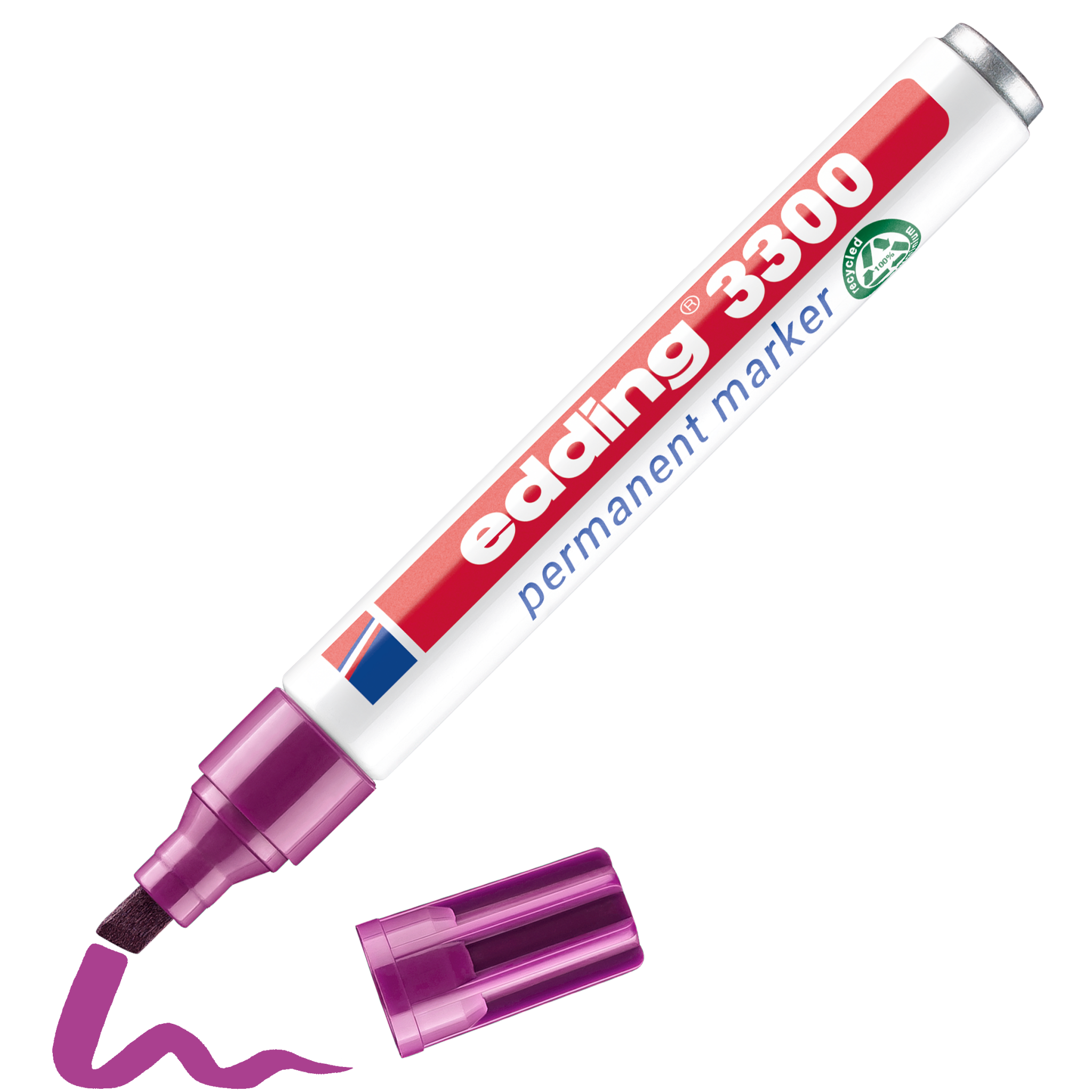 Ein edding 3300 Permanentmarker von edding aus recyceltem Aluminium mit lila Spitze liegt ohne Kappe auf einer weißen Fläche und zeichnet eine verschnörkelte lila Linie. Die Kappe des Markers ist daneben platziert.