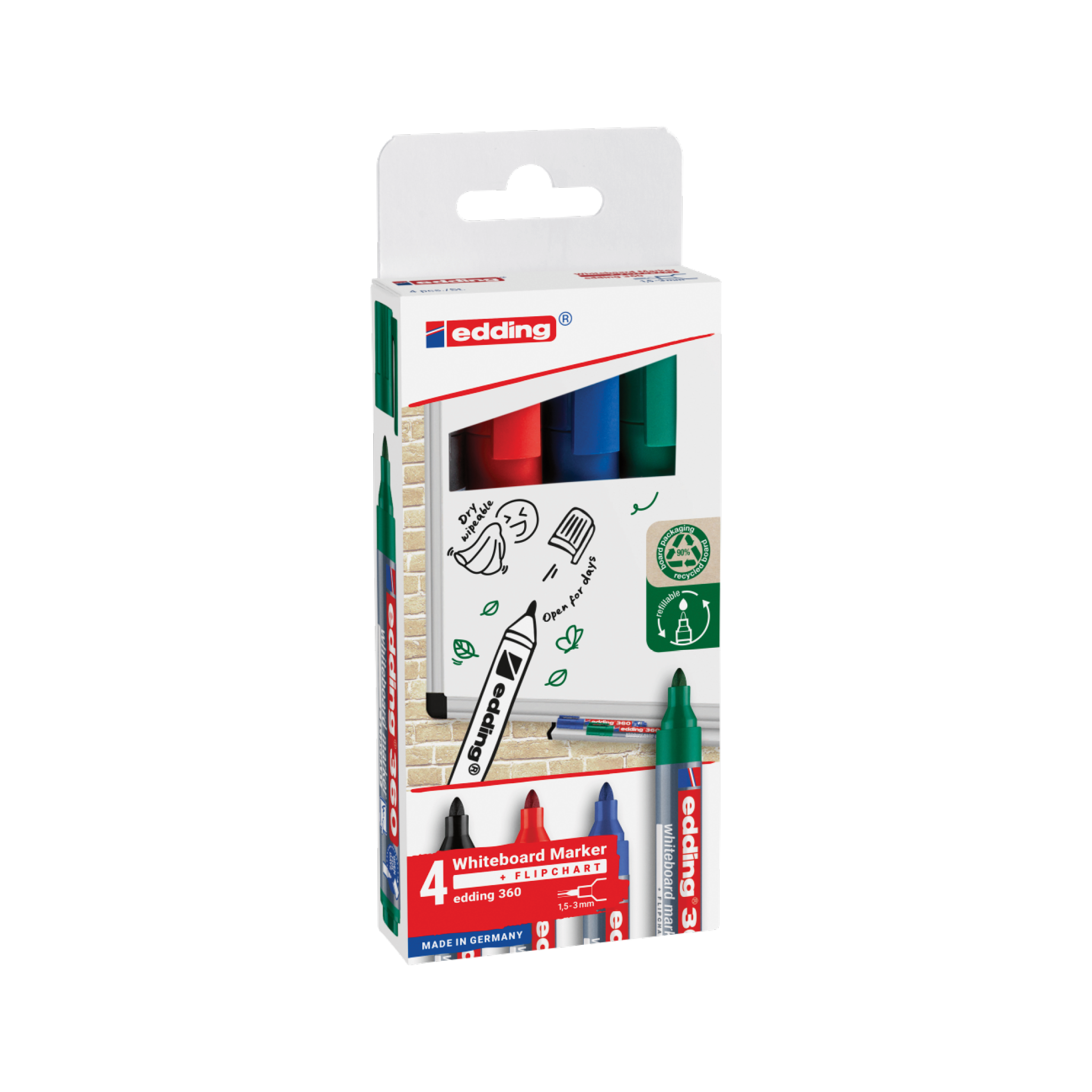 Das edding 360 Whiteboardmarker 4er-Set beinhaltet vier Marker in Schwarz, Rot, Blau und Grün mit geruchsarmer Pigmenttinte. Die Verpackung zeigt Abbildungen und Produktdetails und verfügt über eine weiße Lasche zum Aufhängen.
