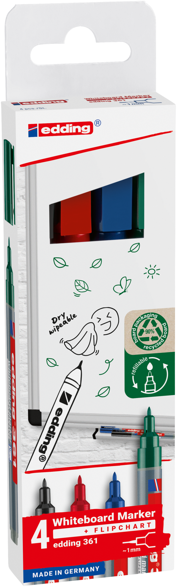 Das edding 361 Whiteboardmarker 4er-Set von edding enthält schwarze, rote, blaue und grüne Marker. Auf der Schachtel sind Markerabbildungen, farbige Spitzen, Ökosymbole, Nachfüllbarkeit und "Made in Germany" auf der Unterseite abgebildet.