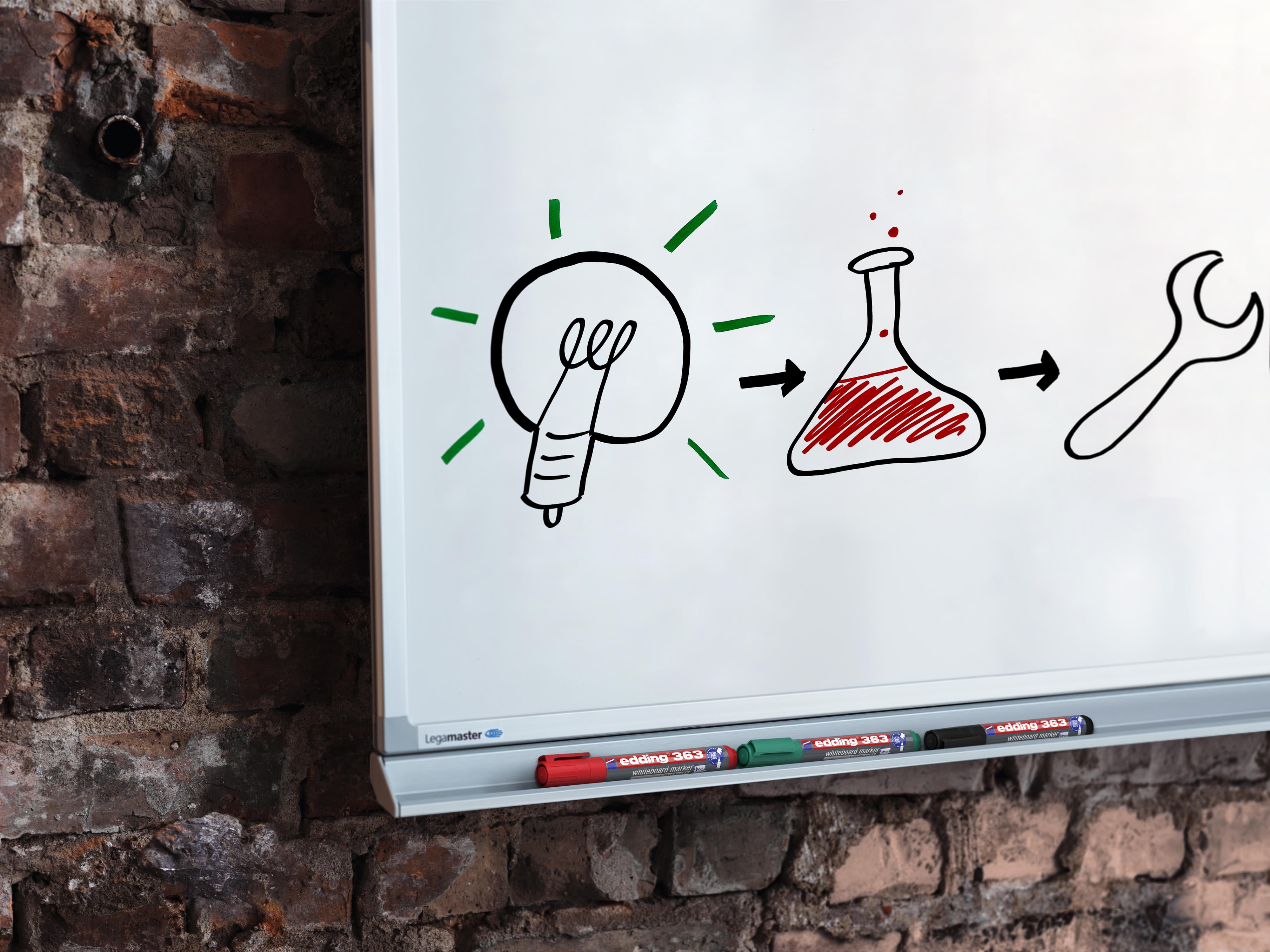 Eine Packung mit acht edding 363 Whiteboardmarkern in verschiedenen Farben, beworben als trocken abwischbar und nachfüllbar.