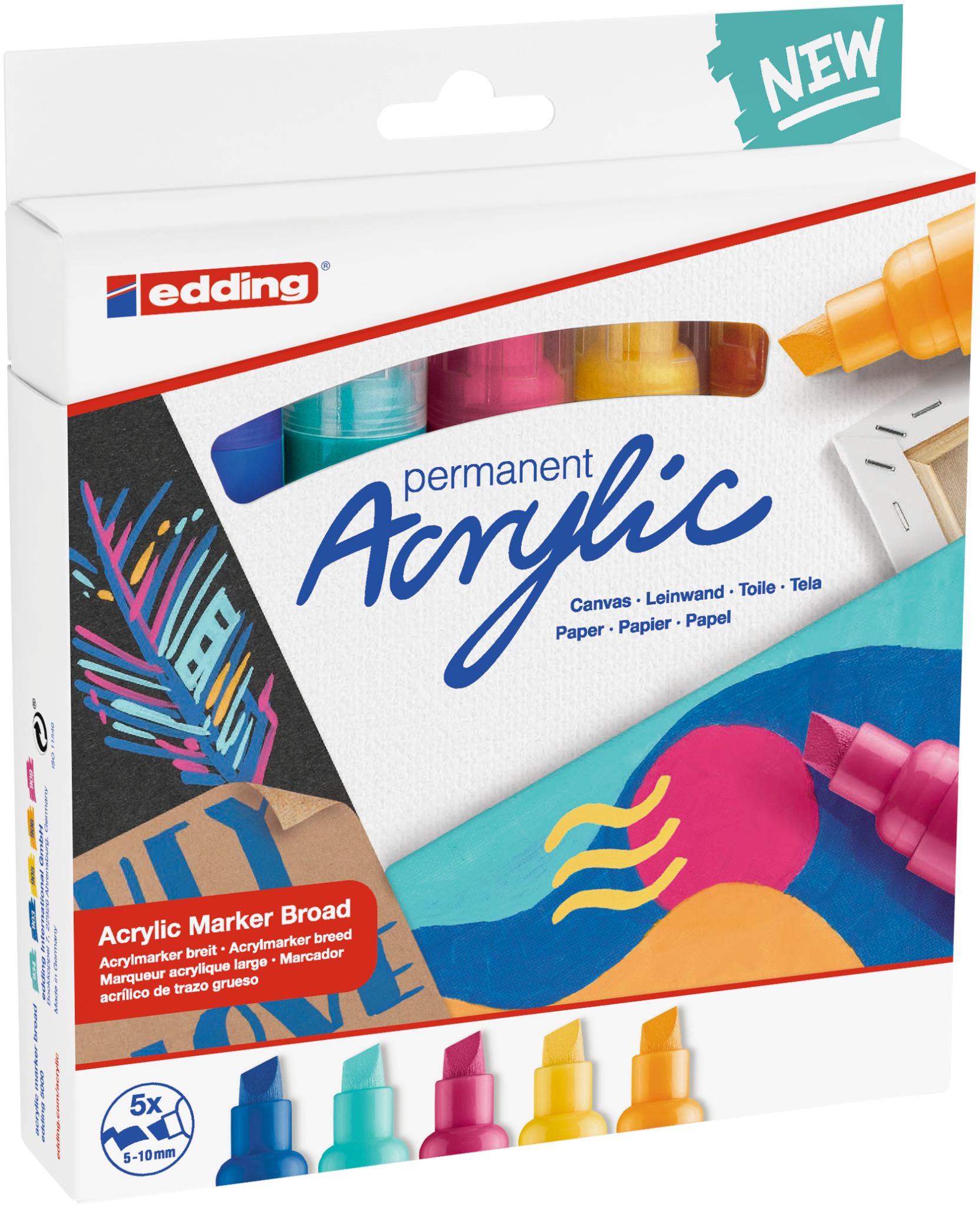 Der edding 5000 Acrylmarker breit 5er-Set von edding ist ideal für Künstler, geeignet für Leinwand, Papier und mehr. Die Verpackung zeigt Markerstriche, lebendige Kunstwerke und ist oben rechts mit "NEW" beschriftet.