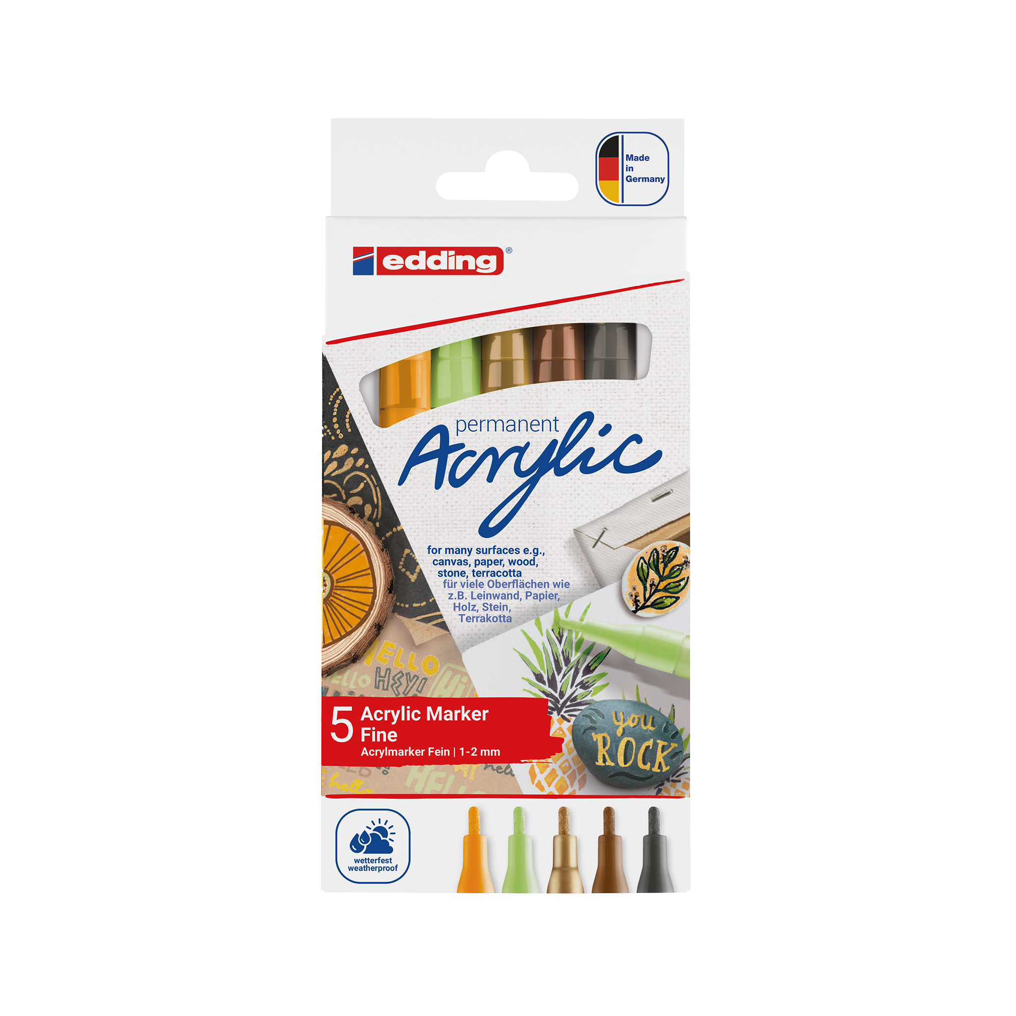 Eine Packung edding 5300 Acrylmarker fein 5er-Set der Marke edding in verschiedenen Erdtönen, präsentiert in einer Blisterverpackung mit Musterdesigns, die die Verwendung auf verschiedenen Oberflächen verdeutlichen.