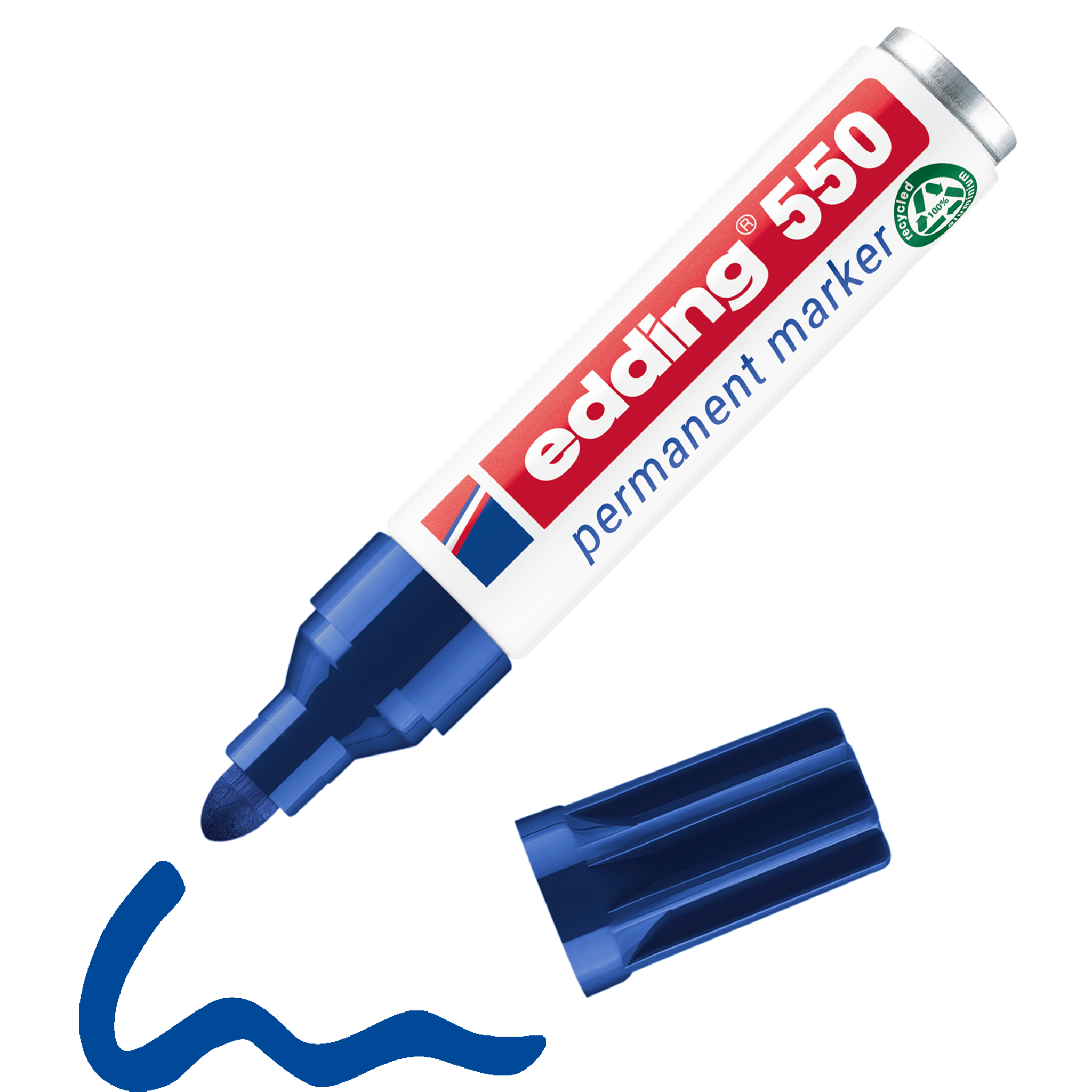 edding 550 Permanentmarker in blau mit offener Kappe und gemaltem Strich