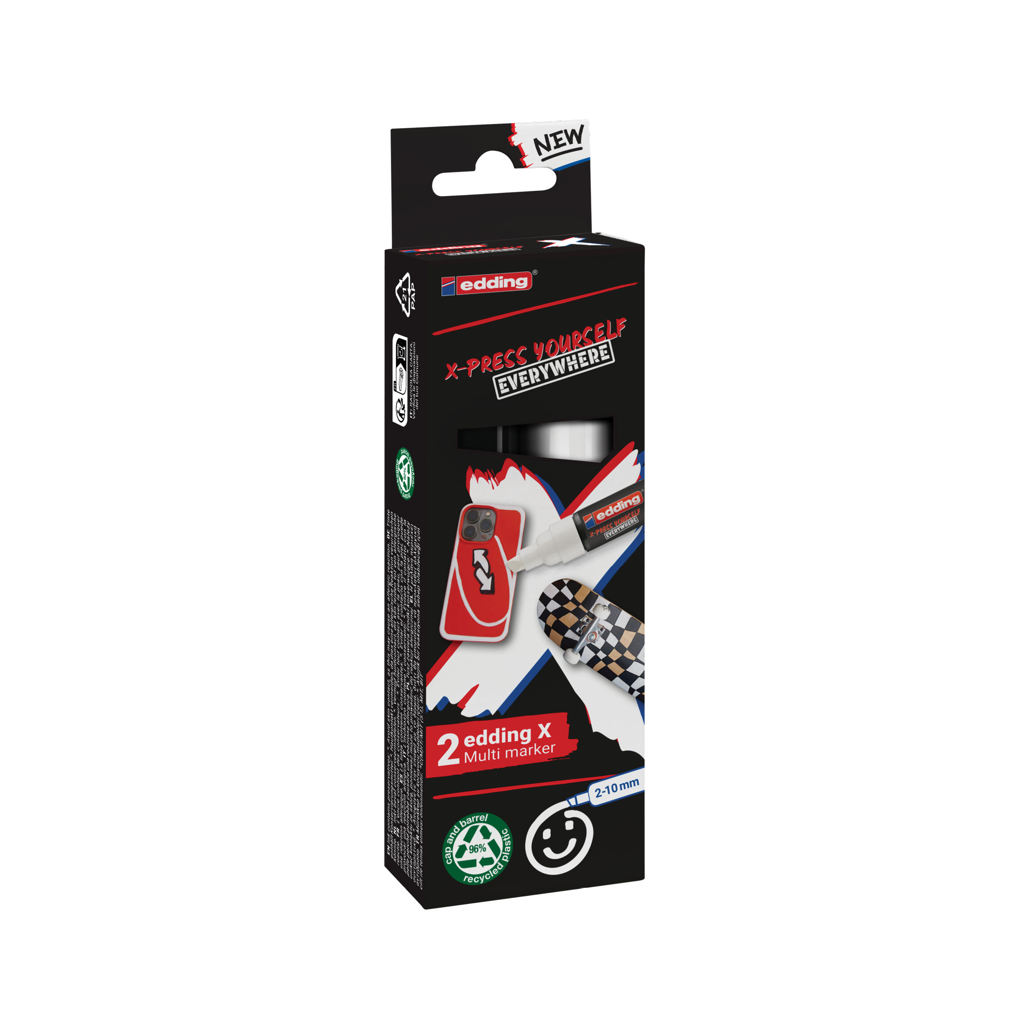 Verkaufsverpackung für das edding 6900 X Multimarker Black & White Color 2er-Set. Die Box ist überwiegend schwarz mit roten Akzenten und zeigt ein kariertes Muster und Bilder des Markers. Sie wirbt mit der Rundspitze von 1-2 mm und enthält Texte wie „X-PRESS YOURSELF EVERYWHERE“ und „2 Marker“. Auf der Verpackung wird auch die langlebige Tinte von edding erwähnt.
