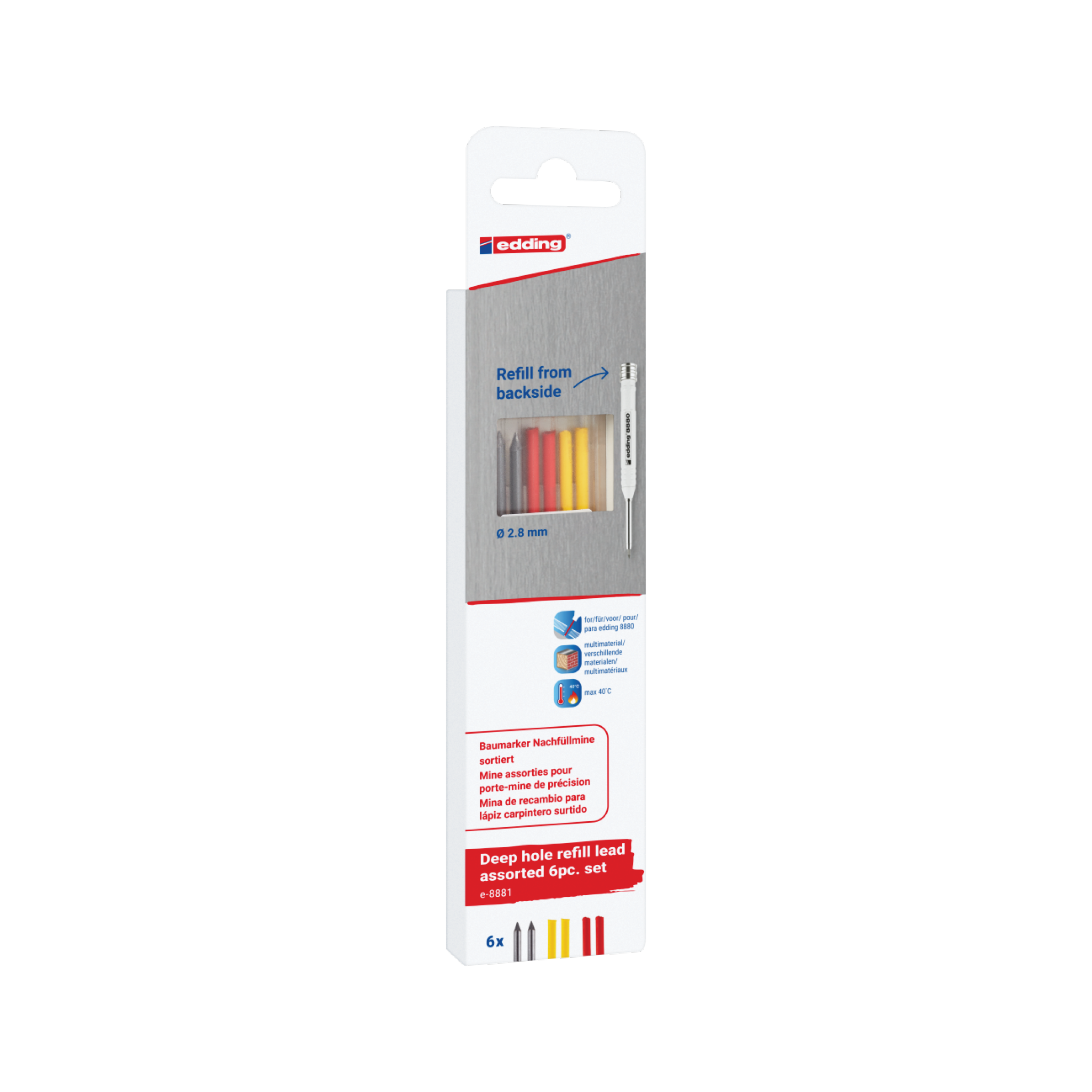 Eine weiße Verpackung mit der Aufschrift „edding 8881 Baumarker Nachfüllmine farblich sortiert 6 Stück“ enthält Buntstiftminen für präzises Markieren und zeigt „0,28 mm“ und „Tiefloch-Nachfüllmine, sortiertes Grad-Set“. Die Verpackung enthält sechs Minen und eine Anleitung und ist in einem rot-blauen Markendesign gestaltet, das sich ideal für alle Baumarker-Anforderungen eignet.