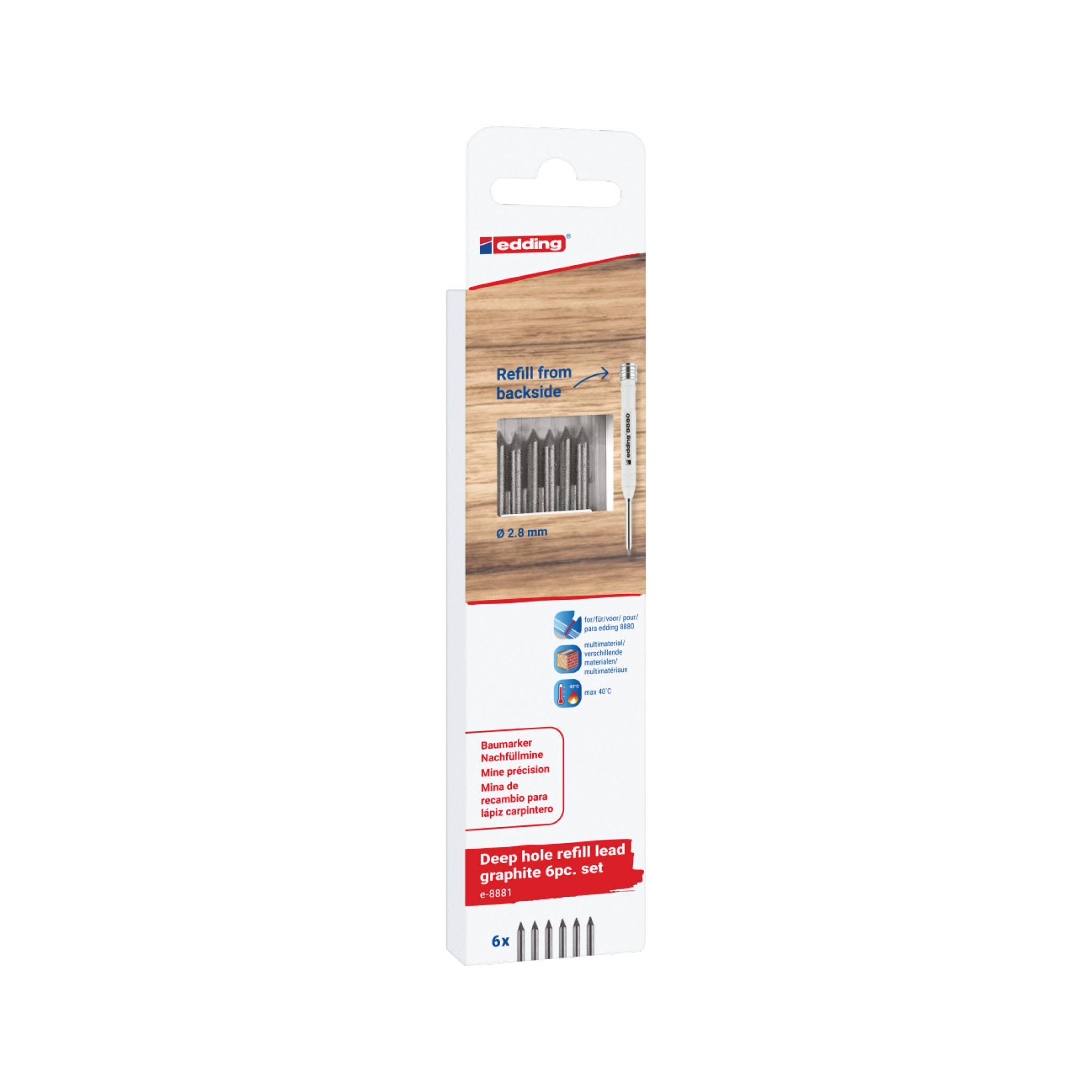 Verpackung für edding 8881 Baumarker Nachfüllmine Graphit, 0,2 mm, 6 Stück. Die rechteckige weiße Verpackung zum präzisen Markieren präsentiert die Minen in einem transparenten Kunststoffdisplay. Das Etikett enthält Informationen in mehreren Sprachen und trägt oben das edding-Logo.
