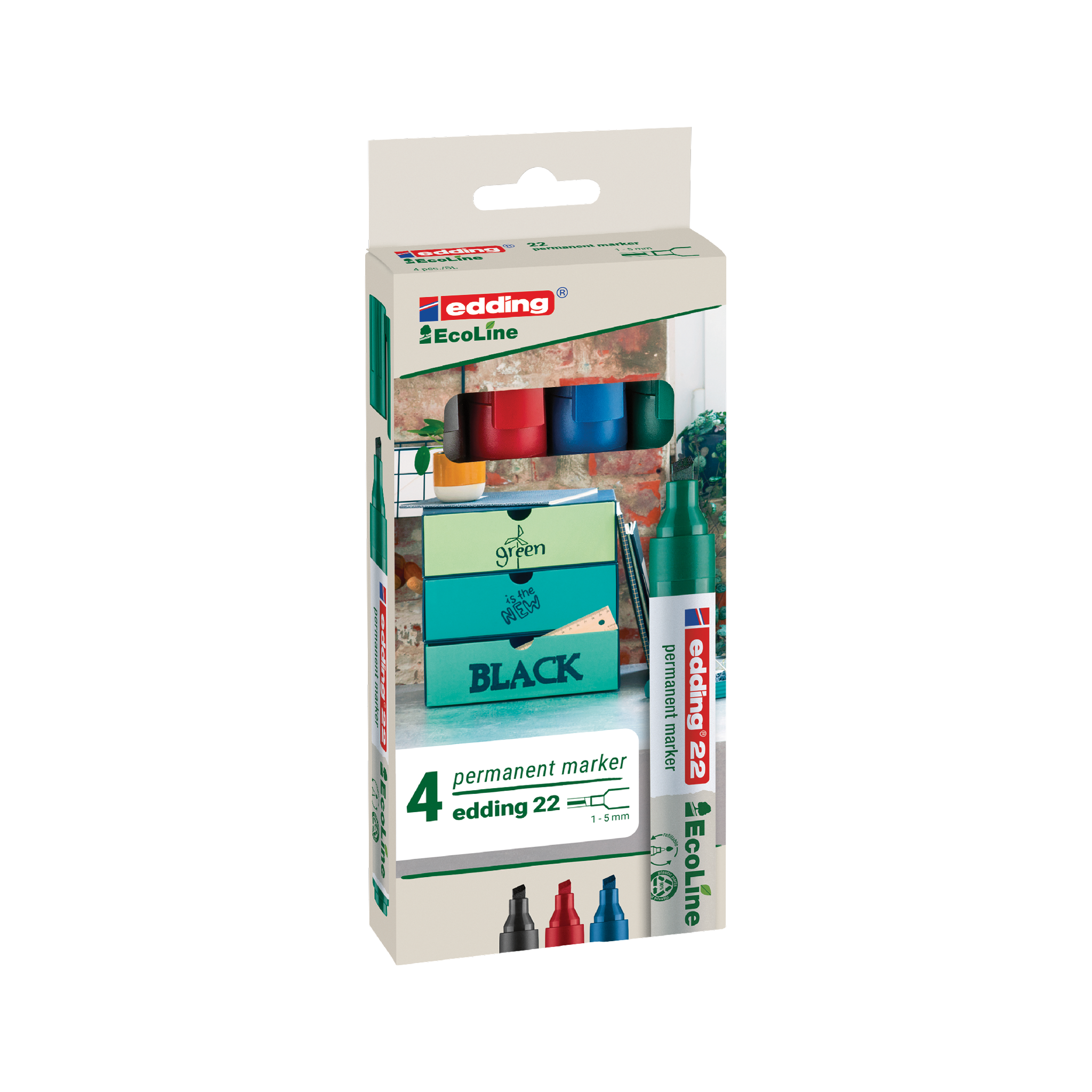 Purchase the edding 22 EcoLine Permanentmarker 4er-Set, crafted from recycled materials. This eco-friendly set includes four colors: red, blue, green, and black, with a cap-off time feature and a round tip size of 1.5-3mm.