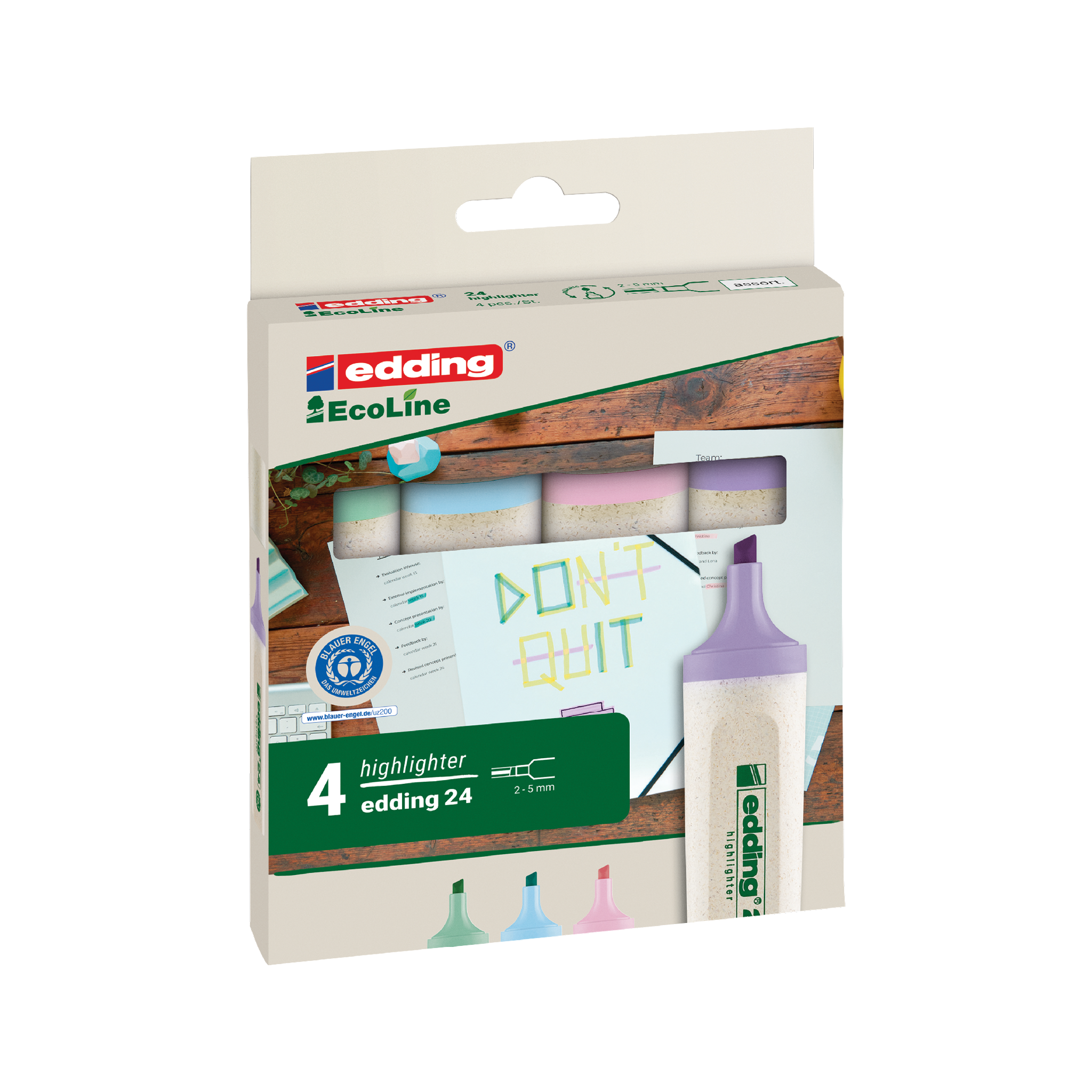 Das edding 24 EcoLine Textmarker 4er-Set enthält vier umweltfreundliche, mit dem Blauen Engel zertifizierte Textmarker in Pastellfarben mit anpassbarer Spitze von 2-5 mm. Die recycelbare Verpackung zeigt Marker auf einem Schreibtisch mit einem Hinweis „DON'T QUIT“.