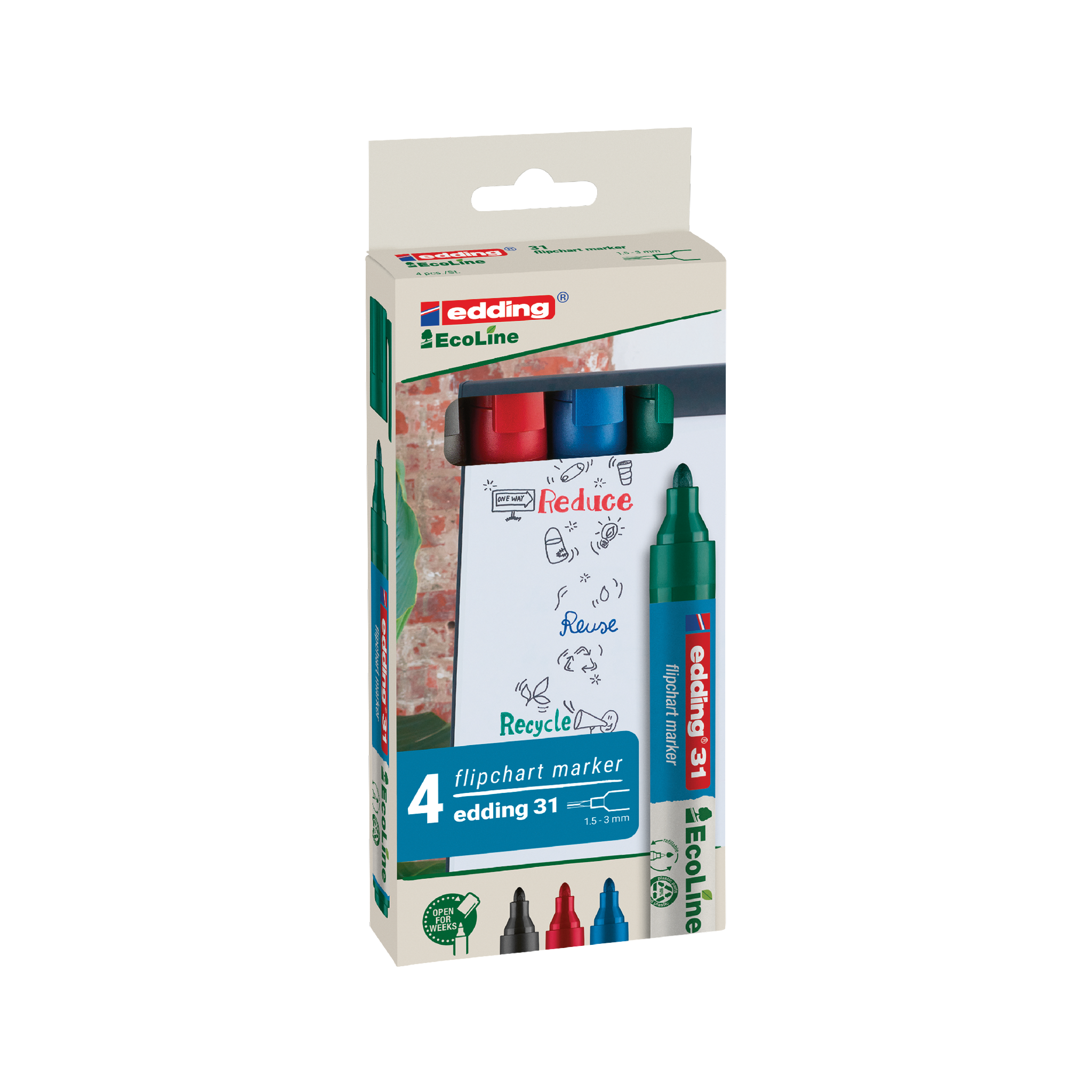 Eine Packung edding 31 EcoLine Flipchartmarker aus Recyclingmaterial ist vertikal in einer Kartonschachtel angeordnet. Das Set enthält rote, blaue, grüne und schwarze Kappen und ist mit Kritzeleien zum Motto „Reduzieren“, „Wiederverwenden“ und „Recyceln“ versehen.
