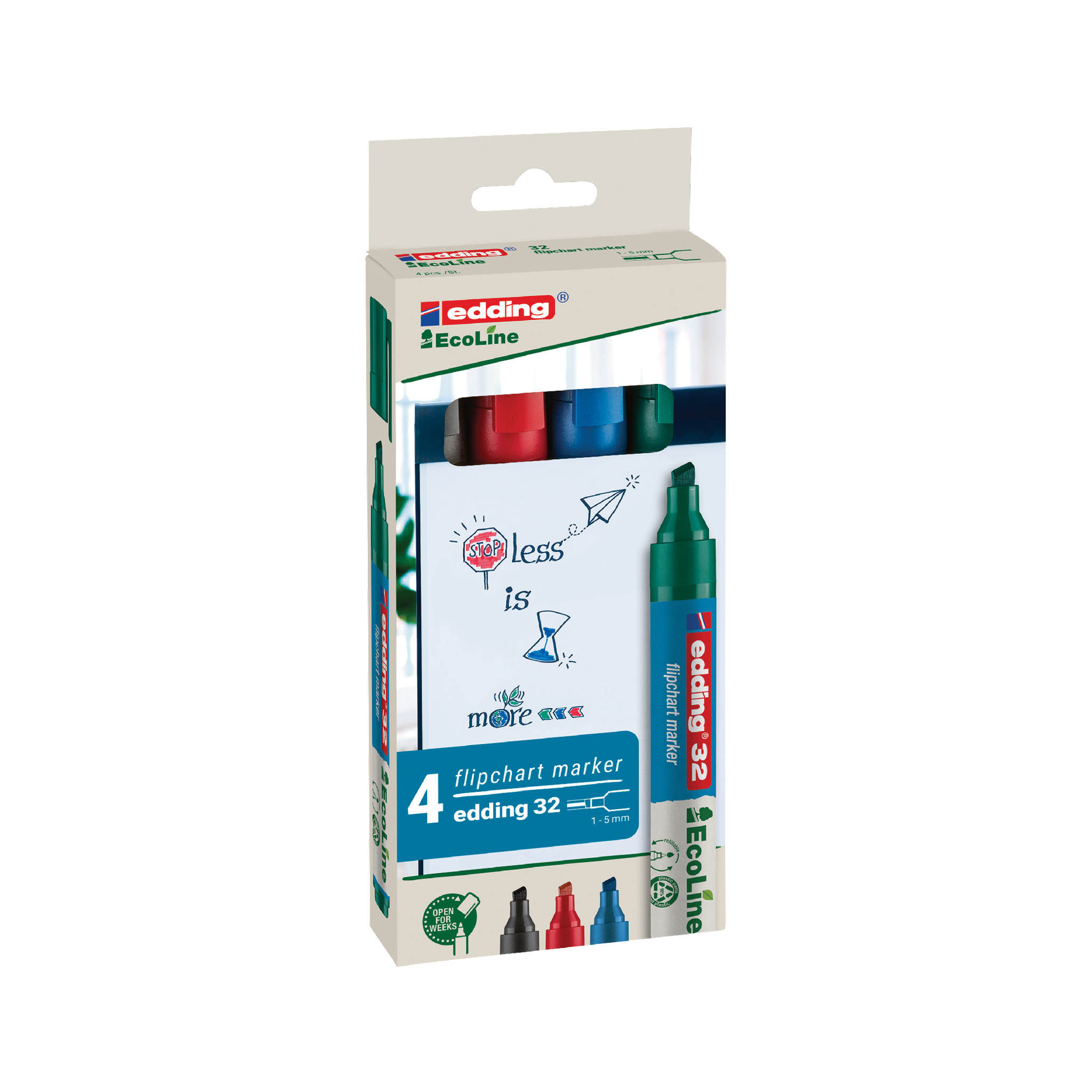 The edding 32 EcoLine Flipchartmarker 4er-Set includes red, blue, black, and green markers with 1.5-3mm tips. Made from recycled materials and refillable ink, the set's box features "less is more" with paper planes and hearts.