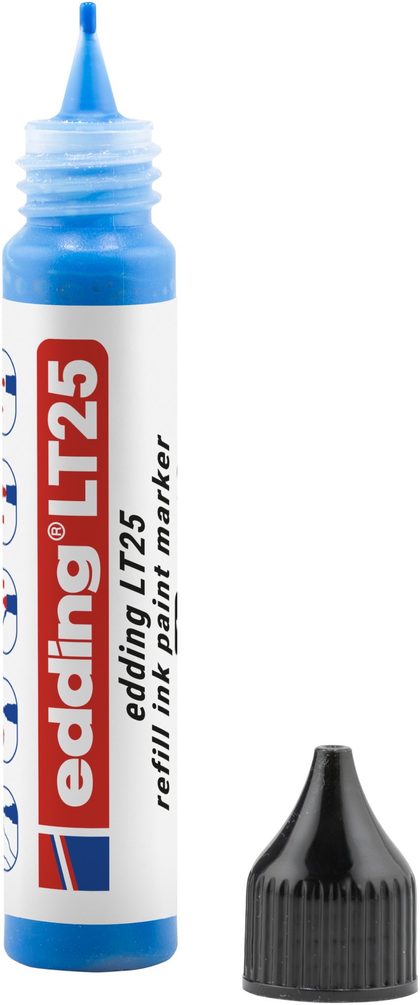 Daneben liegt ein edding LT 25 Nachfülltinte EcoLine Lackmarker mit blauer Spitze und abgenommener schwarzer Kappe; das weiße Etikett zeigt den roten und blauen edding-Schriftzug, Produktinformationen und weist auf die wasserbasierte Tinte hin.