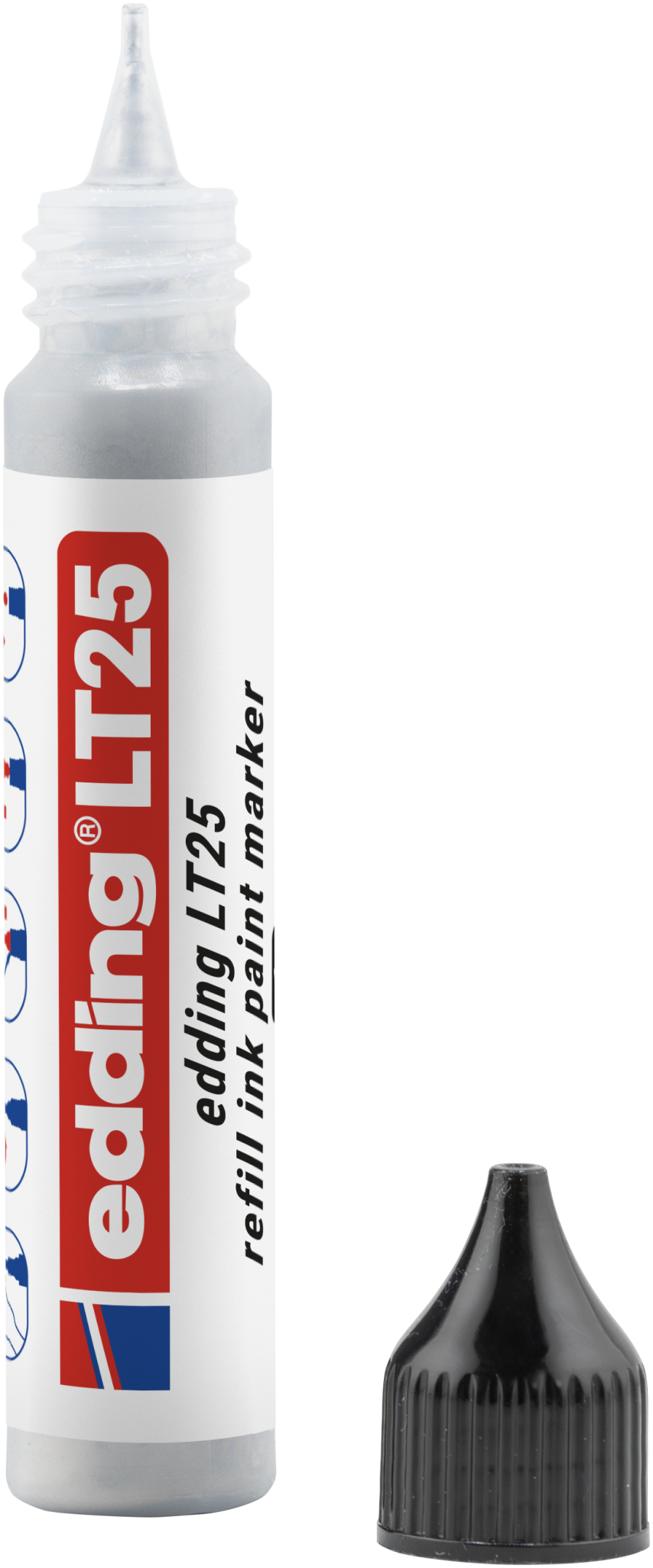 Eine Flasche edding LT 25 Nachfülltinte EcoLine Lackmarker mit spitzer Düse und schwarzem Verschluss daneben. Auf dem Etikett sind die Marke edding, der Produktname und die Gebrauchsanweisung für die wasserbasierte Tinte angegeben.