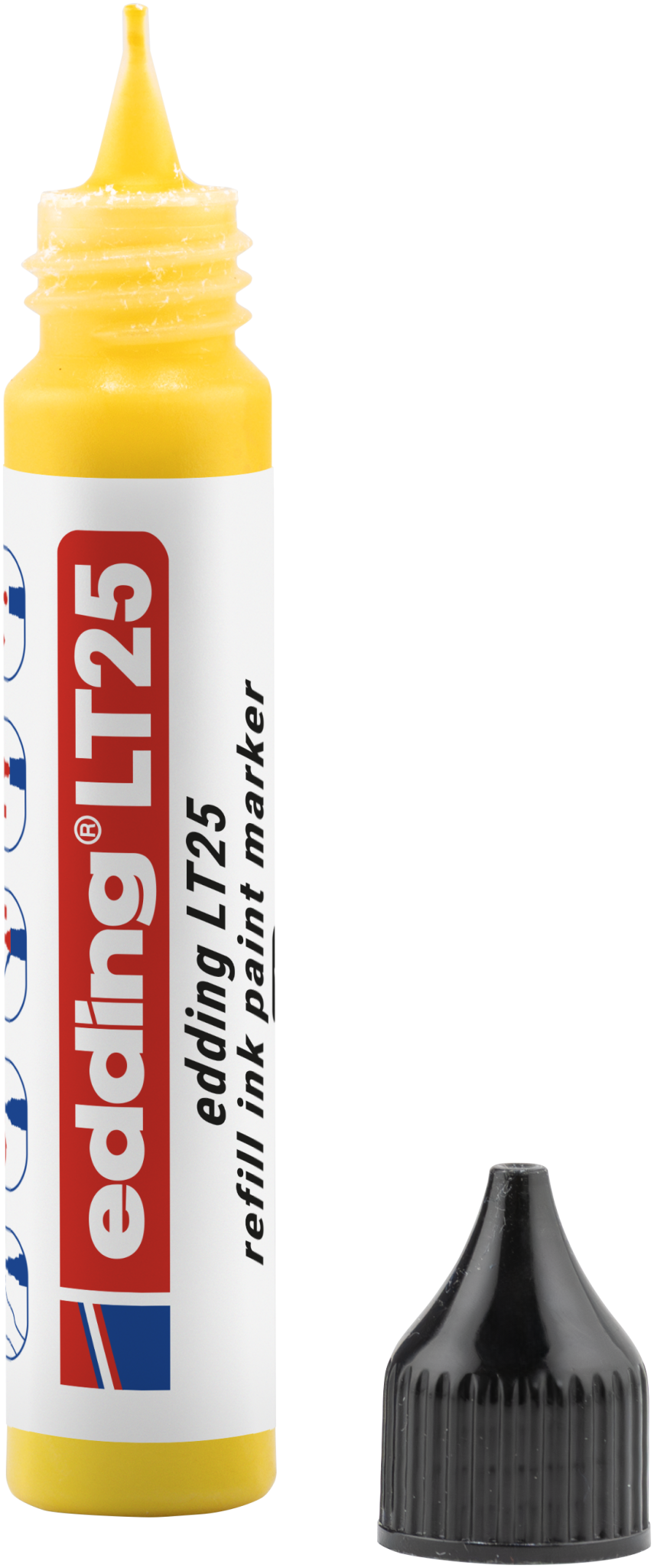 Ein gelber edding LT 25 Nachfülltinte EcoLine Lackmarker steht aufrecht, die schwarze Kappe ist abgenommen und in der Nähe, er ist mit Nachfülltinte aus der EcoLine-Reihe von edding gefüllt.