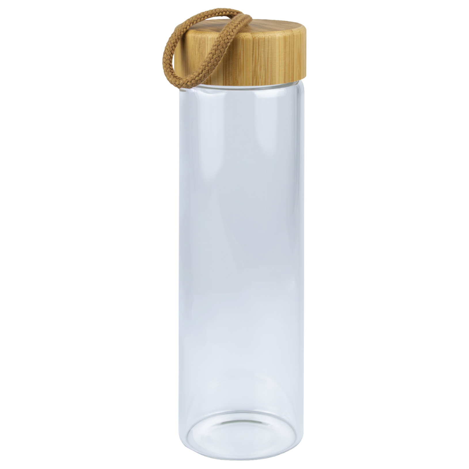 Eine 650 ml edding Glasflasche mit Bambusdeckel und brauner Schlaufe steht aufrecht und zeigt ihr schlichtes Design, das die natürliche Holzstruktur hervorhebt. Die nachhaltige Flasche ist leer und isoliert auf einem weißen Hintergrund.