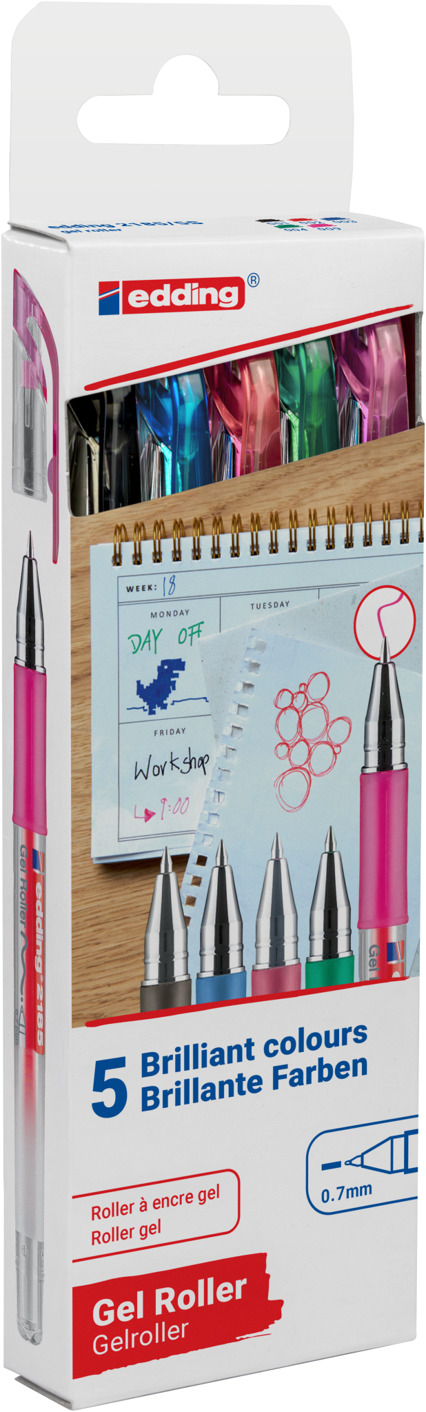 Das edding 2185 Gelroller 5er-Set besteht aus fünf Metallic-Gelschreibern mit 0,7-mm-Spitzen und bunten Schäften; auf der Verpackung befindet sich ein Notizblock mit der brillanten Geltinte-Schrift in "Brilliant colours".