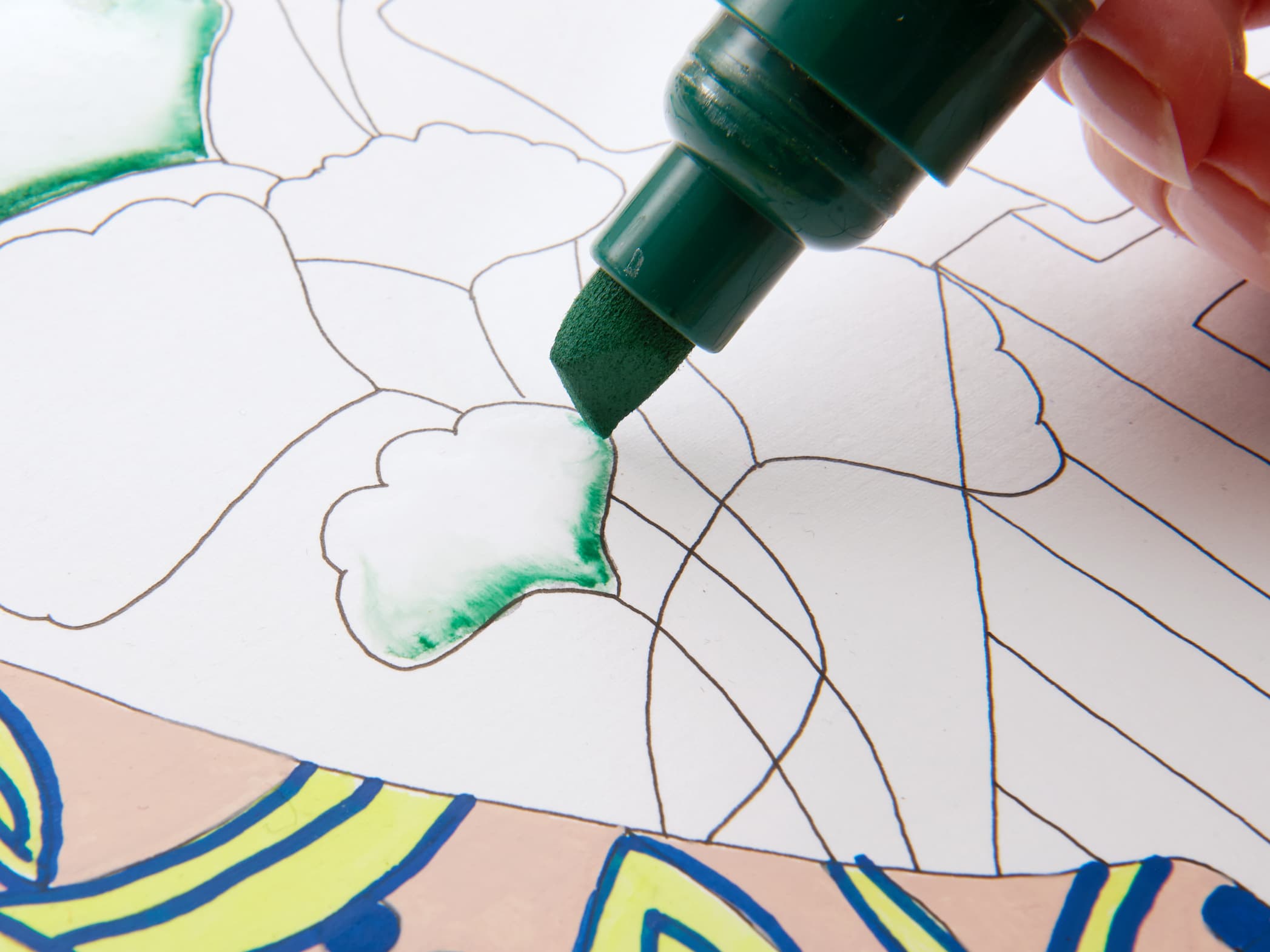 Eine Nahaufnahme einer Person, die mit einem edding 5000 Acrylmarker breit grünen Marker die Linien eines Blumenmusters auf einer Malvorlage ausmalt.