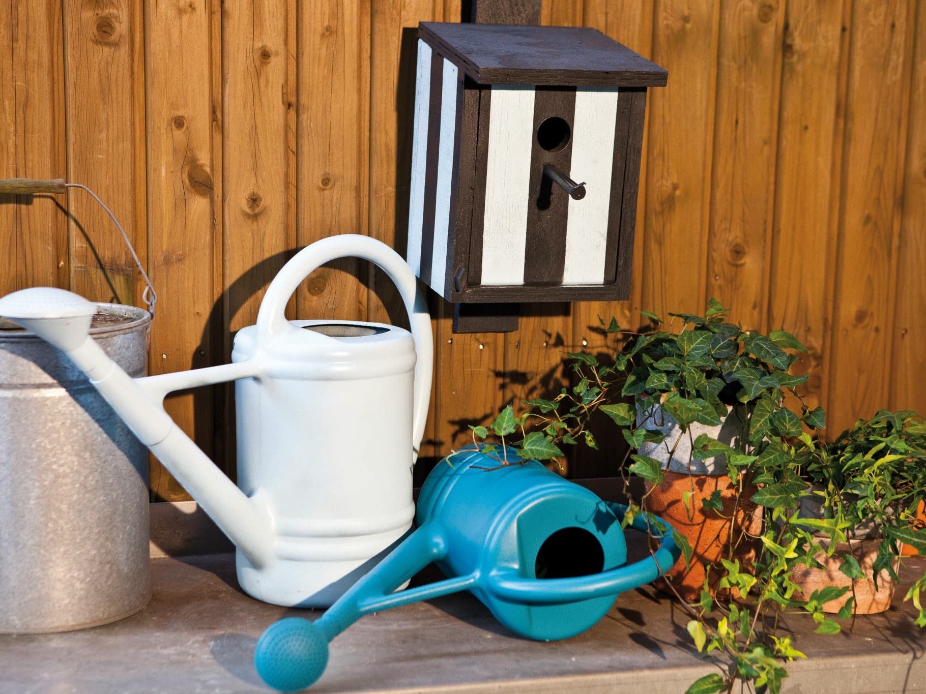 Eine gemütliche Gartenecke mit einem gestreiften Vogelhäuschen auf einem Holzzaun, daneben eine weiße Gießkanne und eine umgekippte blaue Gießkanne inmitten von Terrakotta-Blumentöpfen, alles zart verschönert mit edding 5200 Permanentspray Acryllack Pastell & sanfte Farben.