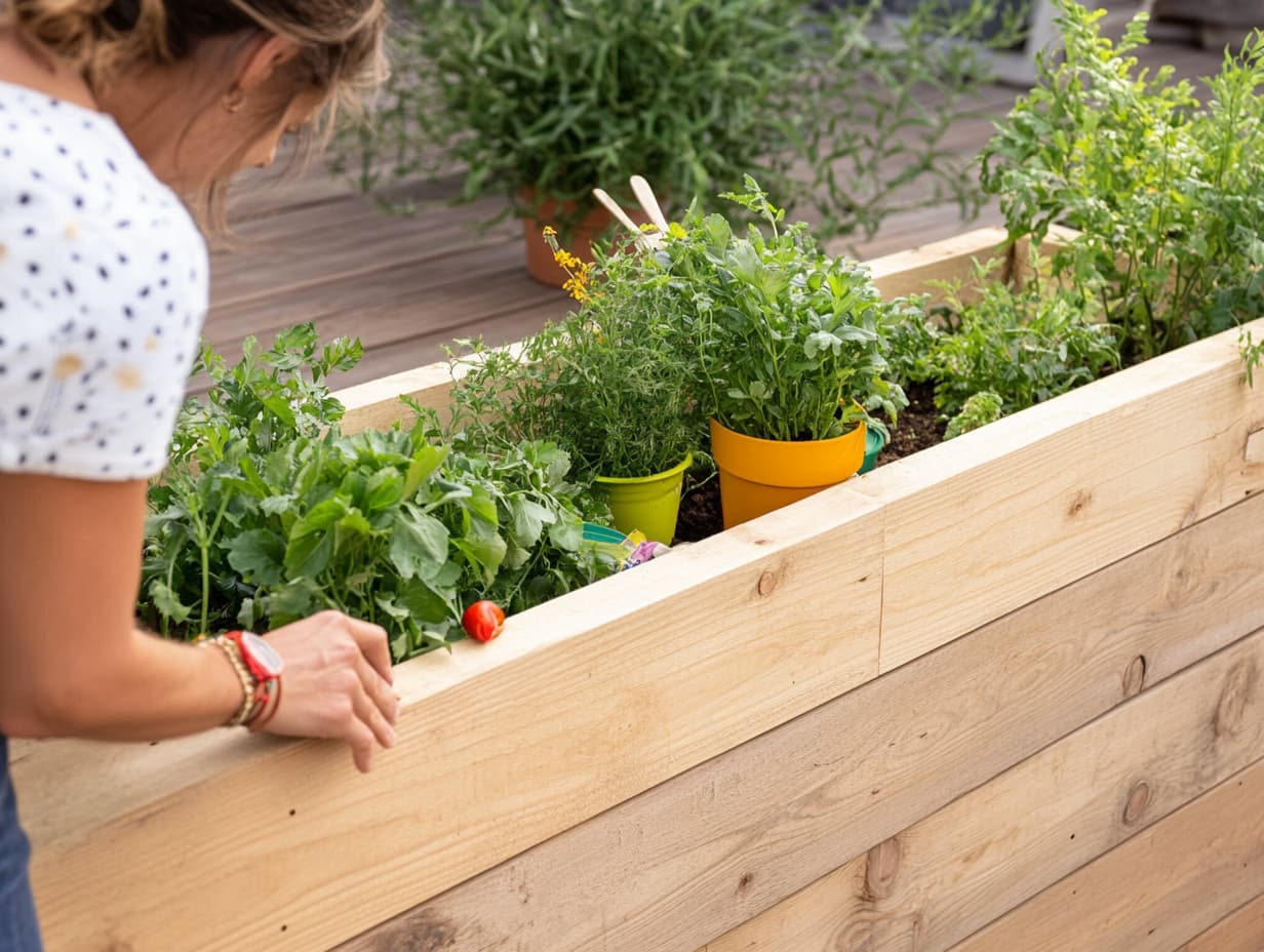 Frau beugt sich über Hochbeet