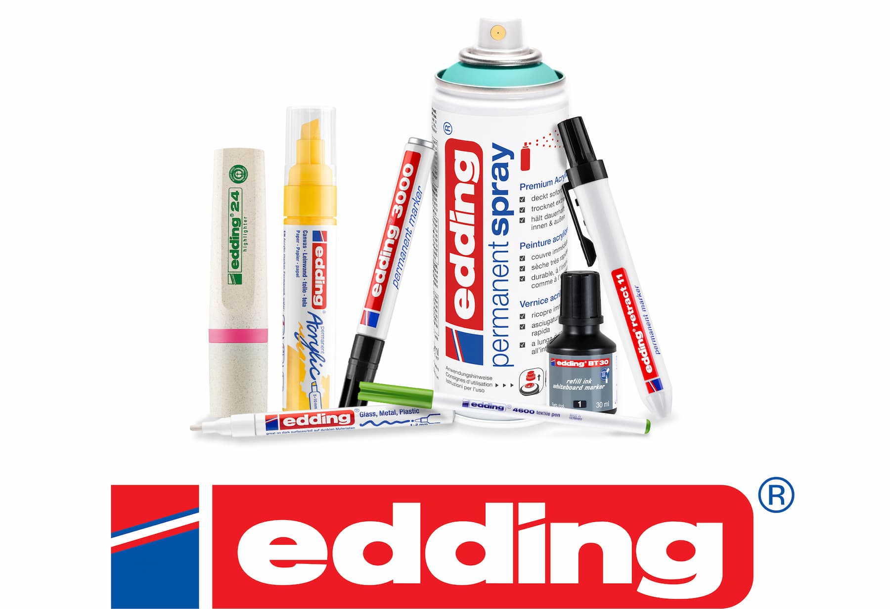 Verschiedene Marker der Marke edding, eine Spraydose und ein Tintenfass stehen aufrecht, unten ist ein großes edding Logo in den Farben Blau und Rot abgebildet.