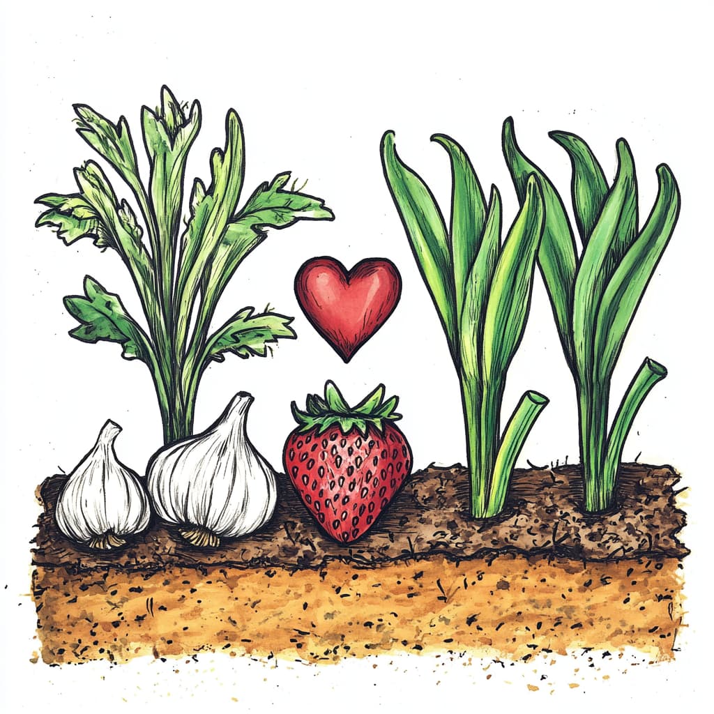 Knoblauch und Erdbeere nebeneinander mit Herz