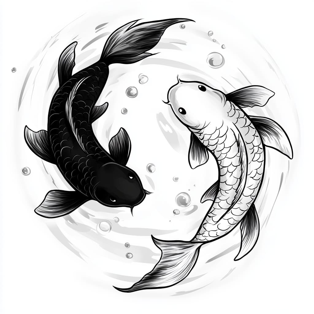 Malvorlage Koi Fische Schwarz und Weiß