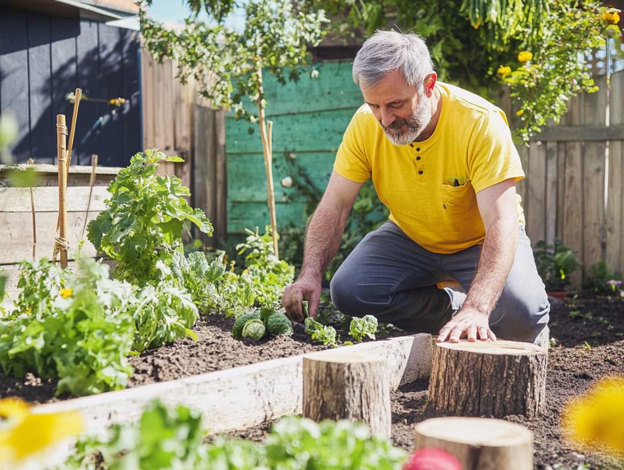 Mann arbeitet im Beet am Boden