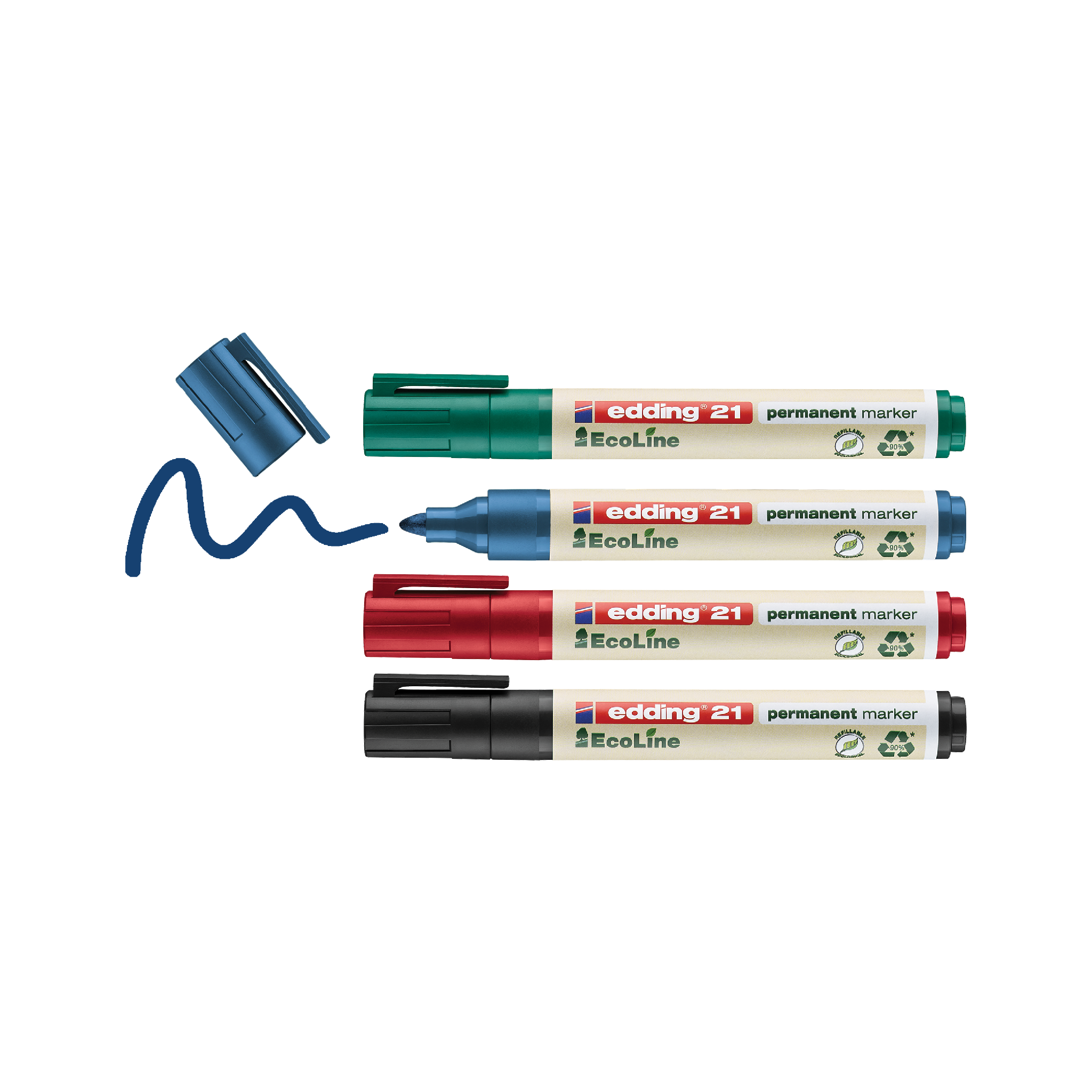 Vier edding 21 EcoLine Permanentmarker 4er-Sets in den Farben Grün, Blau und Rot, mit abgenommenen Kappen und blauem Marker, der eine Kringellinie auf weißem Hintergrund zeichnet. Diese Marker sind umw.
