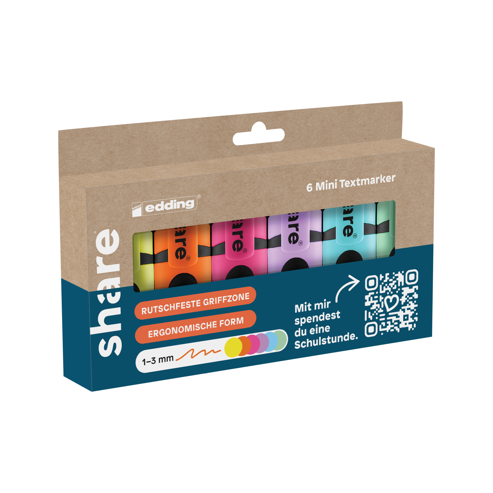 Das share Textmarker Mini 6er-Set enthält sechs Marker in leuchtenden Farben. Die Box ist mit den Aufschriften „Rutschfeste Griffzone“ und „Ergonomische Form“ versehen und verfügt über einen QR-Code für nachhaltigen Konsum, gebrandet von share.