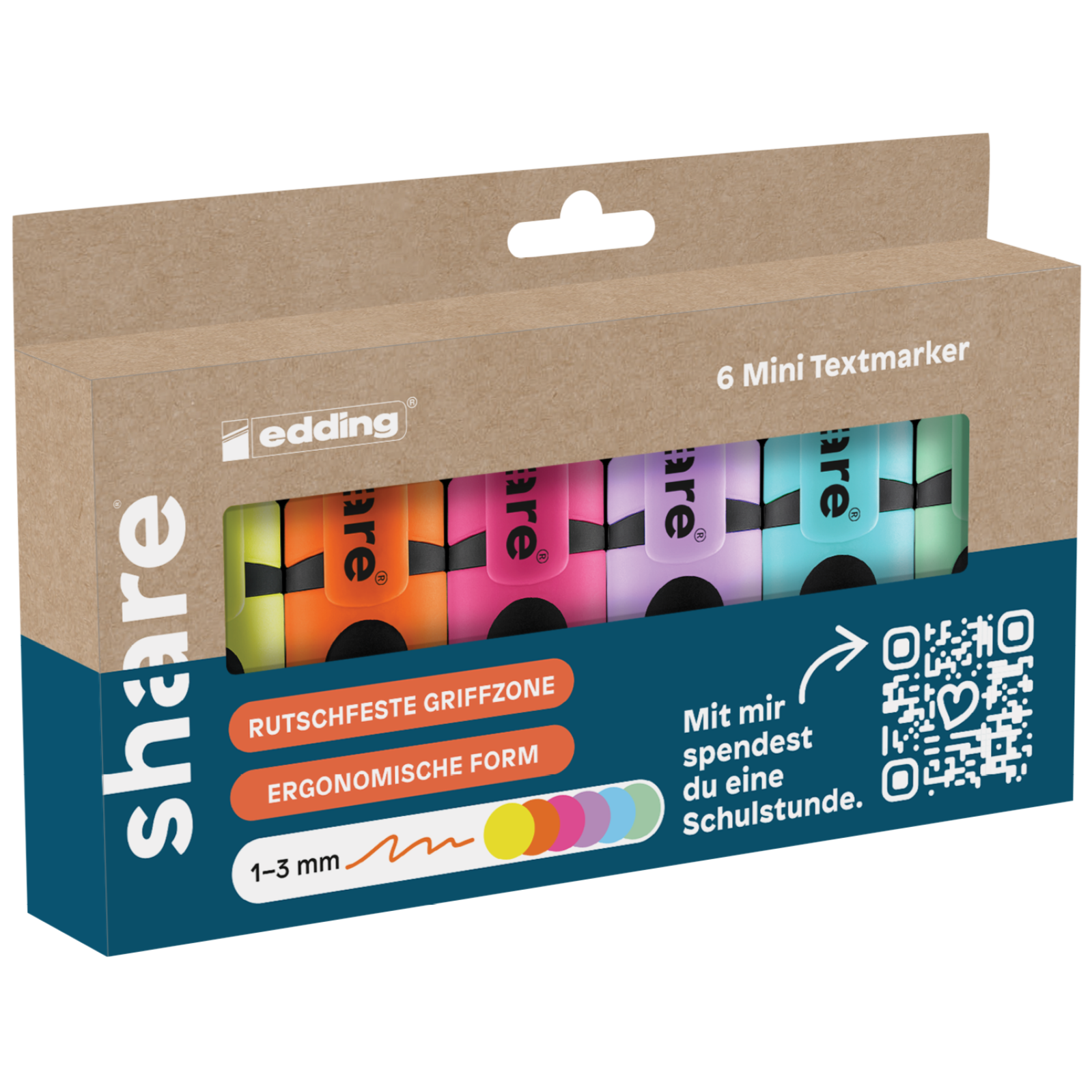 Das share Textmarker Mini 6er-Set enthält sechs Marker in leuchtenden Farben. Die Box ist mit den Aufschriften „Rutschfeste Griffzone“ und „Ergonomische Form“ versehen und verfügt über einen QR-Code für nachhaltigen Konsum, gebrandet von share.