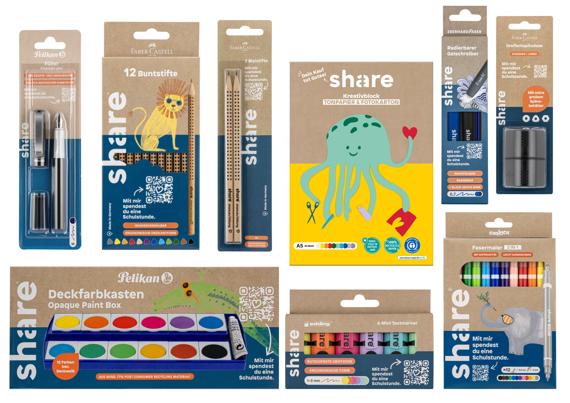 Das share Einschulungs-Bundle Max enthält nachhaltige Schreibwaren wie Stifte, Buntstifte, Malset, Marker, Radiergummi, Lineal, Skizzenbuch mit Oktopus-Einband und Bleistiftspitzer - alles in umweltfreundlicher Verpackung von share.