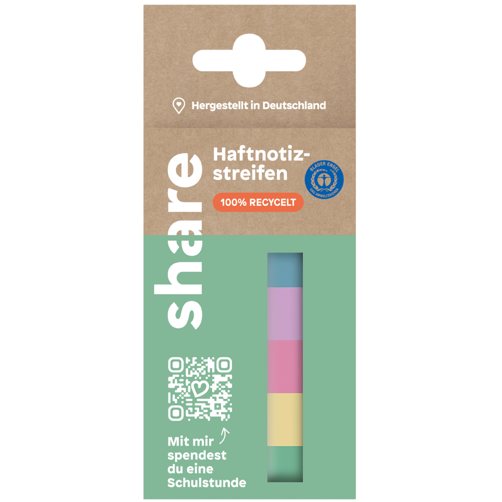 Eine Packung share Haftnotizstreifen ist mit fünf farbigen Laschen (blau, rosa, orange, grün, gelb) versehen. Die umweltfreundliche Verpackung in Braun und Grün weist auf den Status als umweltfreundliche Alternative hin, hergestellt in Deutschland aus 100 % Recyclingmaterial. Ein QR-Code auf der Verpackung verlinkt zu einer Nachricht über die Spende einer Schulstunde.