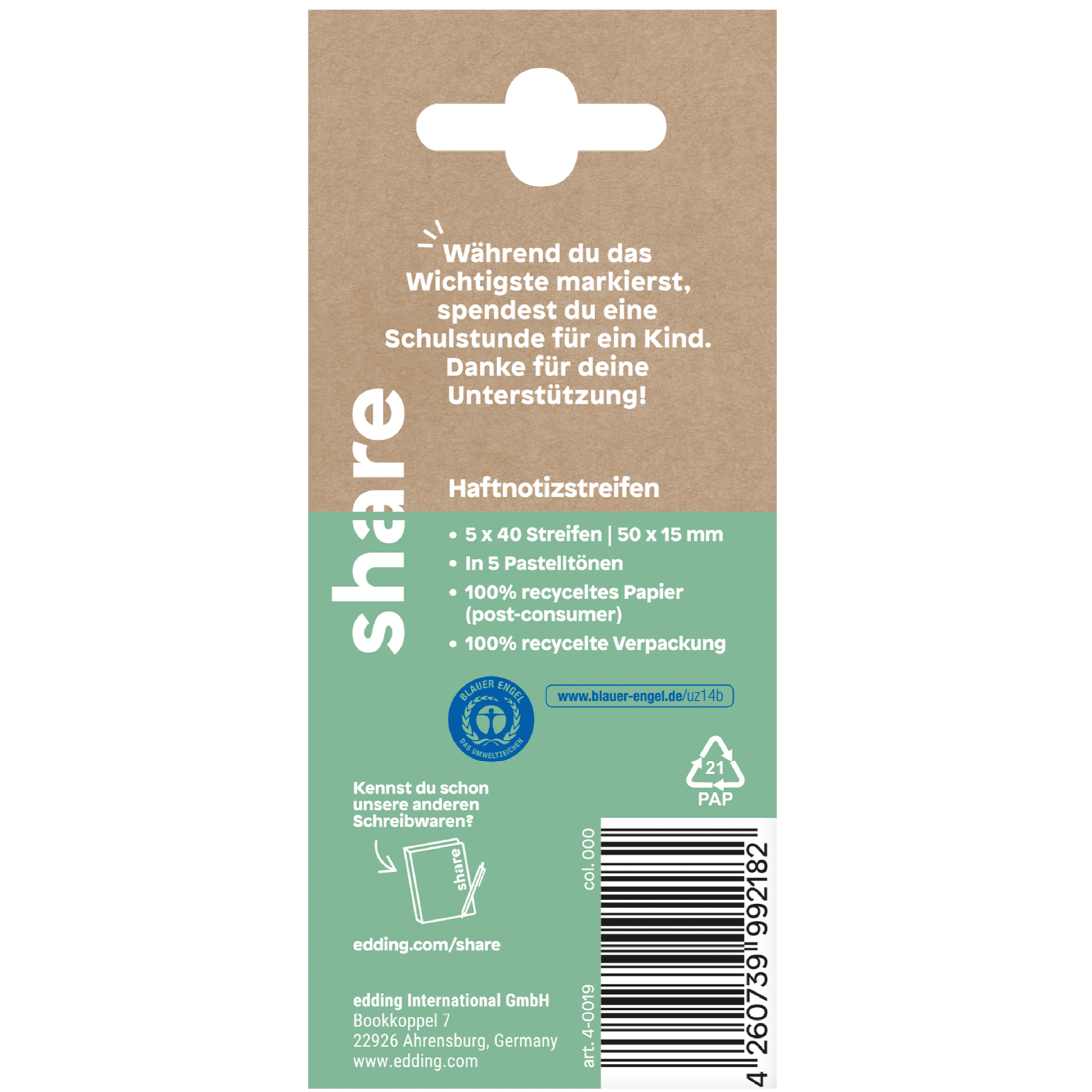 Eine Packung „share Haftnotizstreifen“ mit Kartonrücken. Die Verpackung zeichnet sich durch Merkmale wie 100 % Recyclingpapier und plastikfreie Materialien aus und fördert so den nachhaltigen Konsum. Der Text weist darauf hin, dass der Erlös der Bildung von Kindern zugutekommt. Einzelheiten werden auf Deutsch bereitgestellt, zusammen mit Unternehmensinformationen und einem QR-Code.