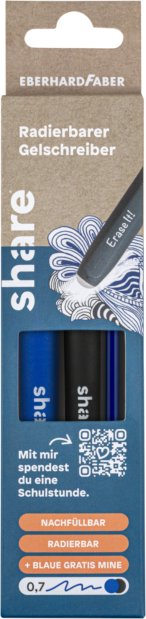 Eine Kartonschachtel des share Gelroller M radierbar 2er-Sets von share, mit Stiftabbildung, deutschem Text, QR-Code, Infos zur nachhaltigen Nutzung, nachfüllbarer Tinte und einer zusätzlichen kostenlosen blauen 0,7-mm-Mine.